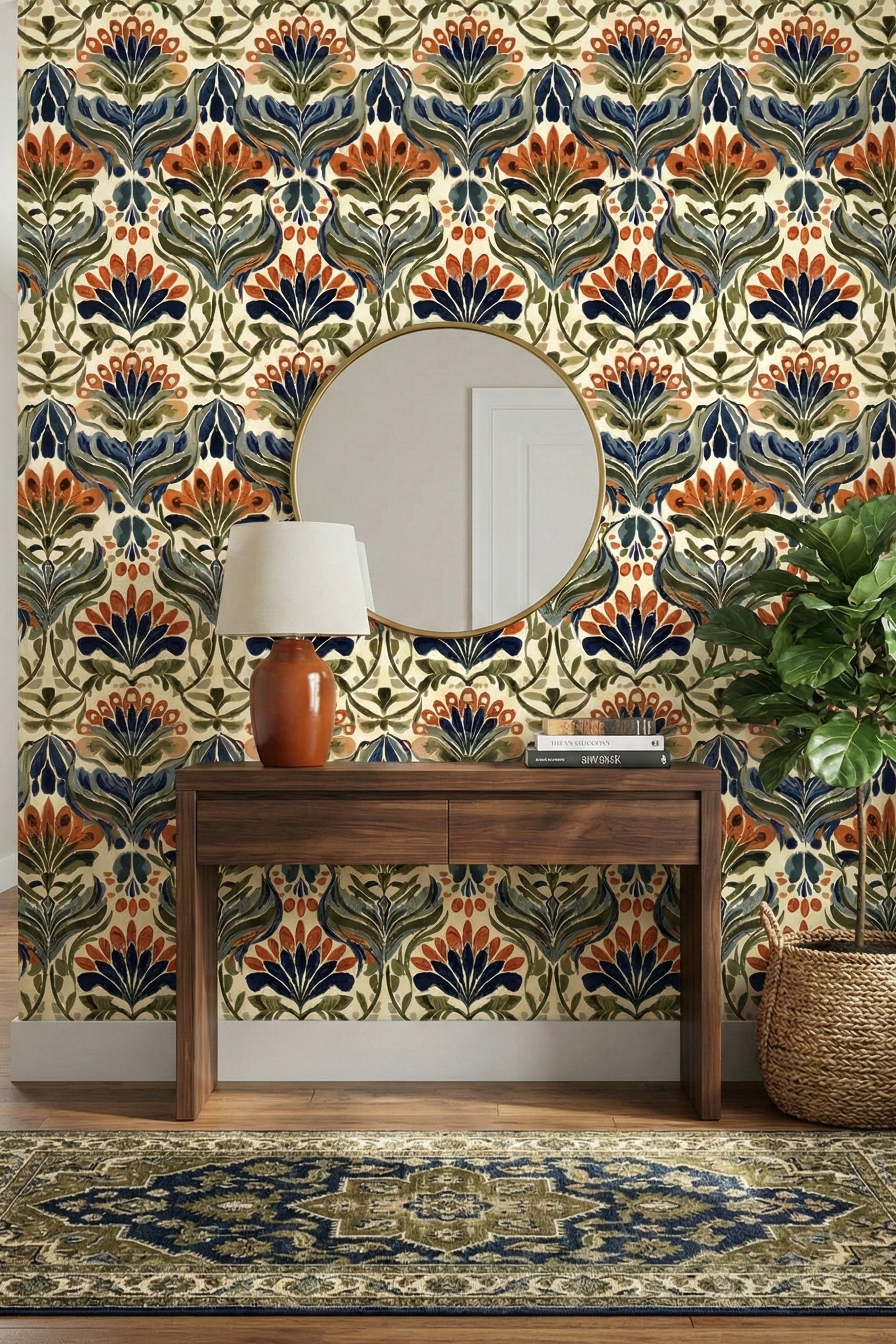 Art Nouveau peacocks and blooms in navy and burnt orange wallpaper in an entryway.