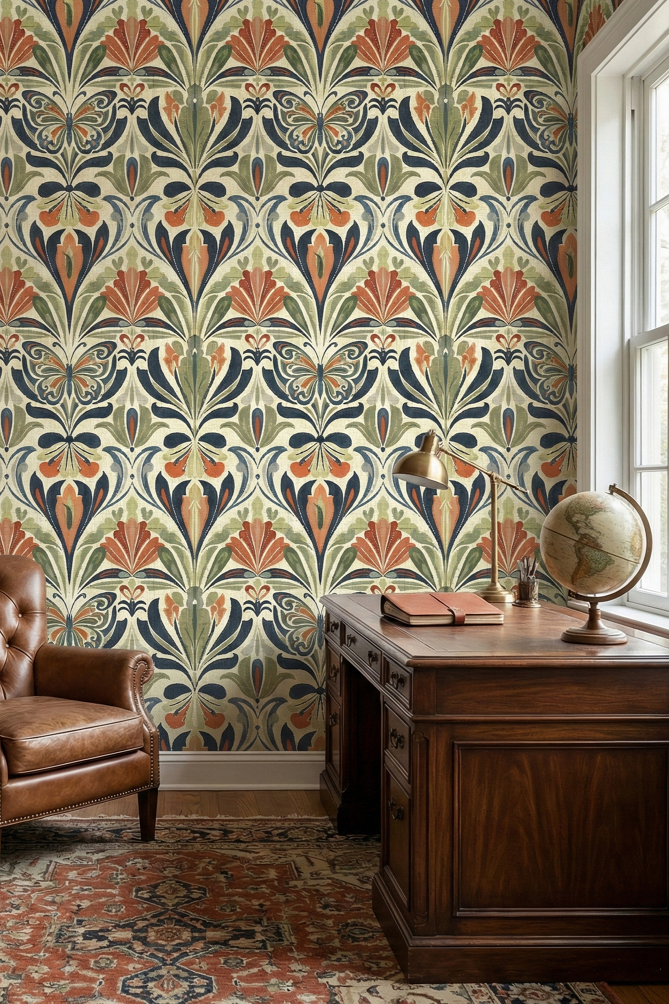 Navy and terracotta Art Nouveau butterflies and florals on wallpaper in a home office.