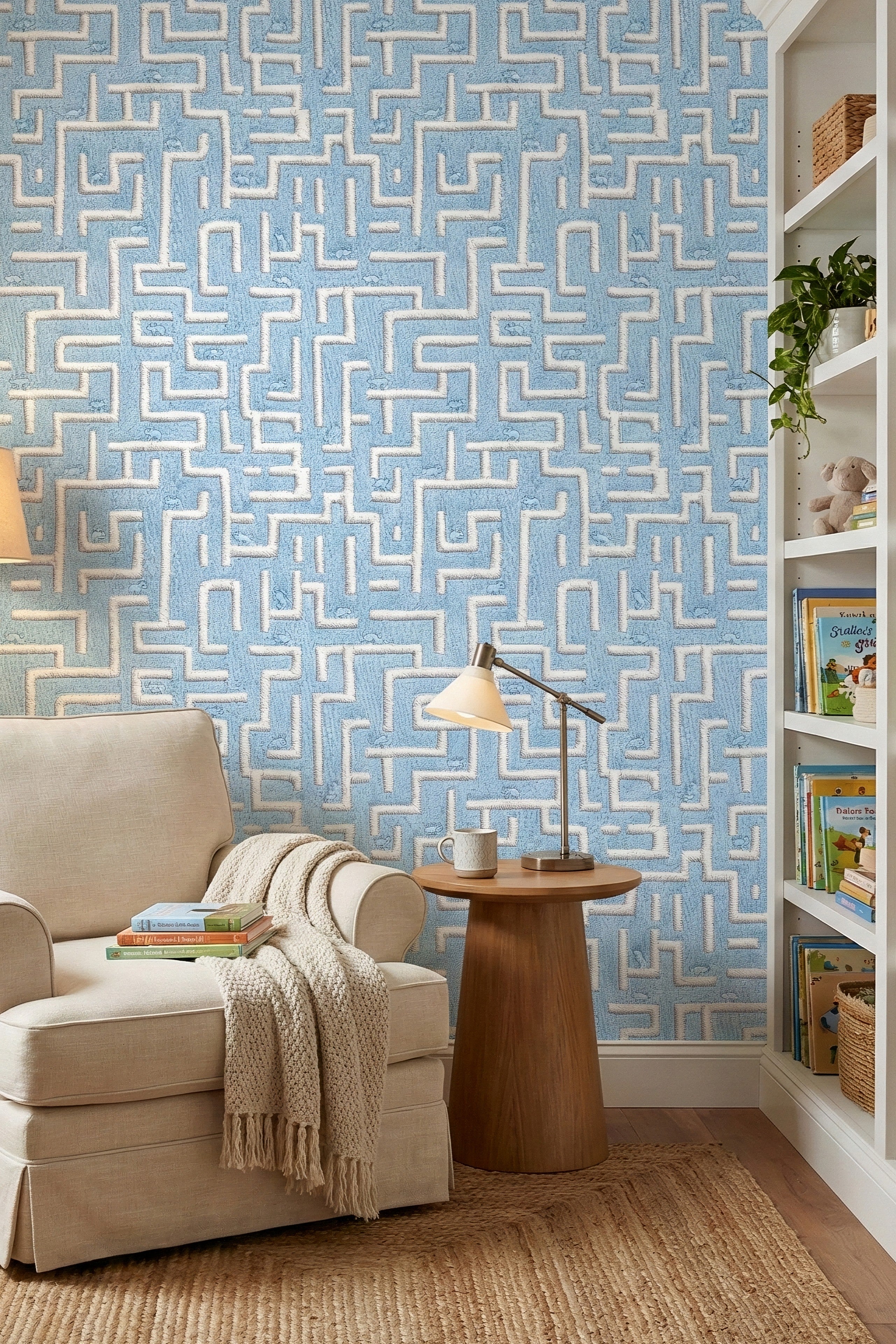 Tiny hamsters in a soft blue and white maze wallpaper in a reading corner.
