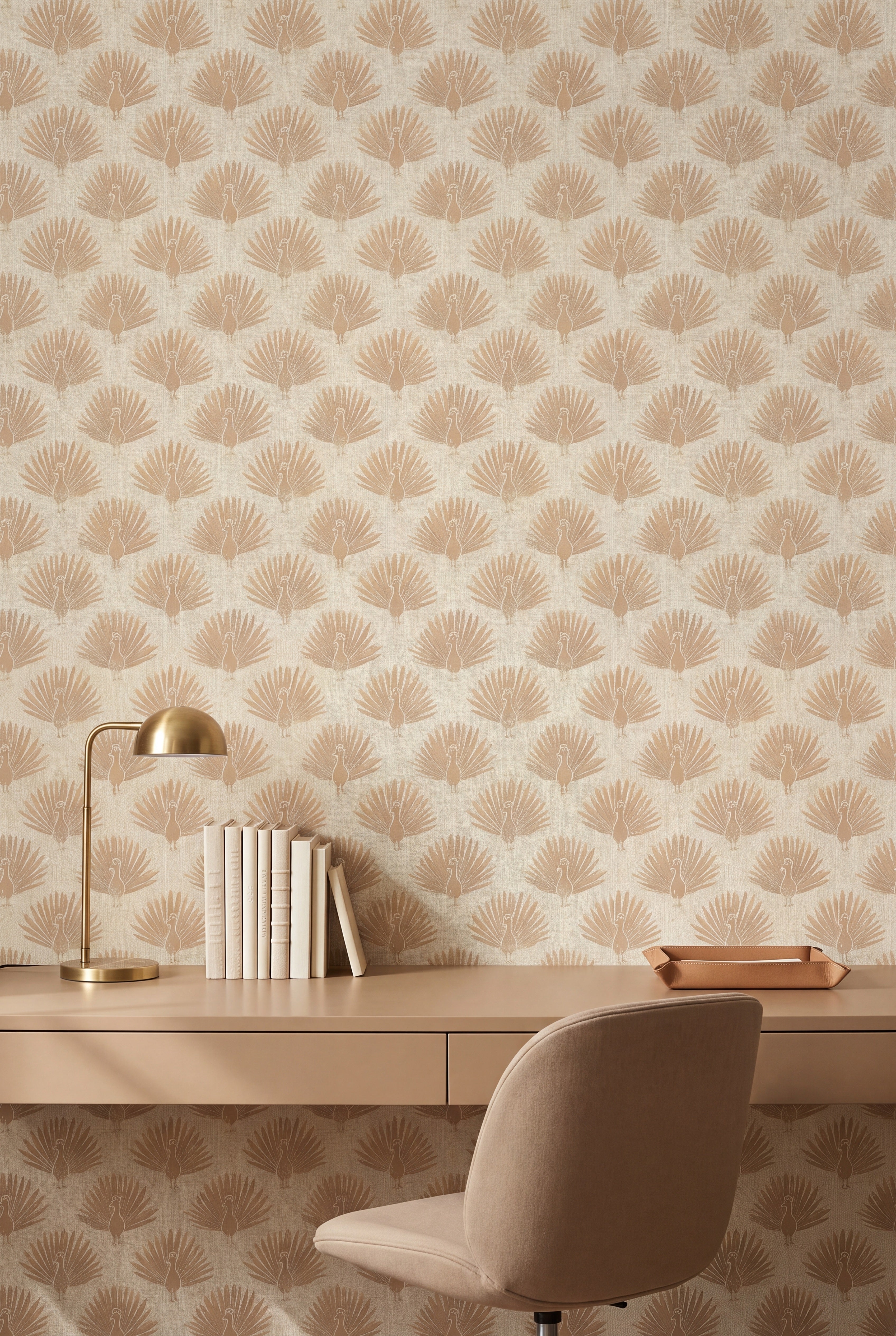 Soft gold peacock fans on pale faux-linen wallpaper in a home office.