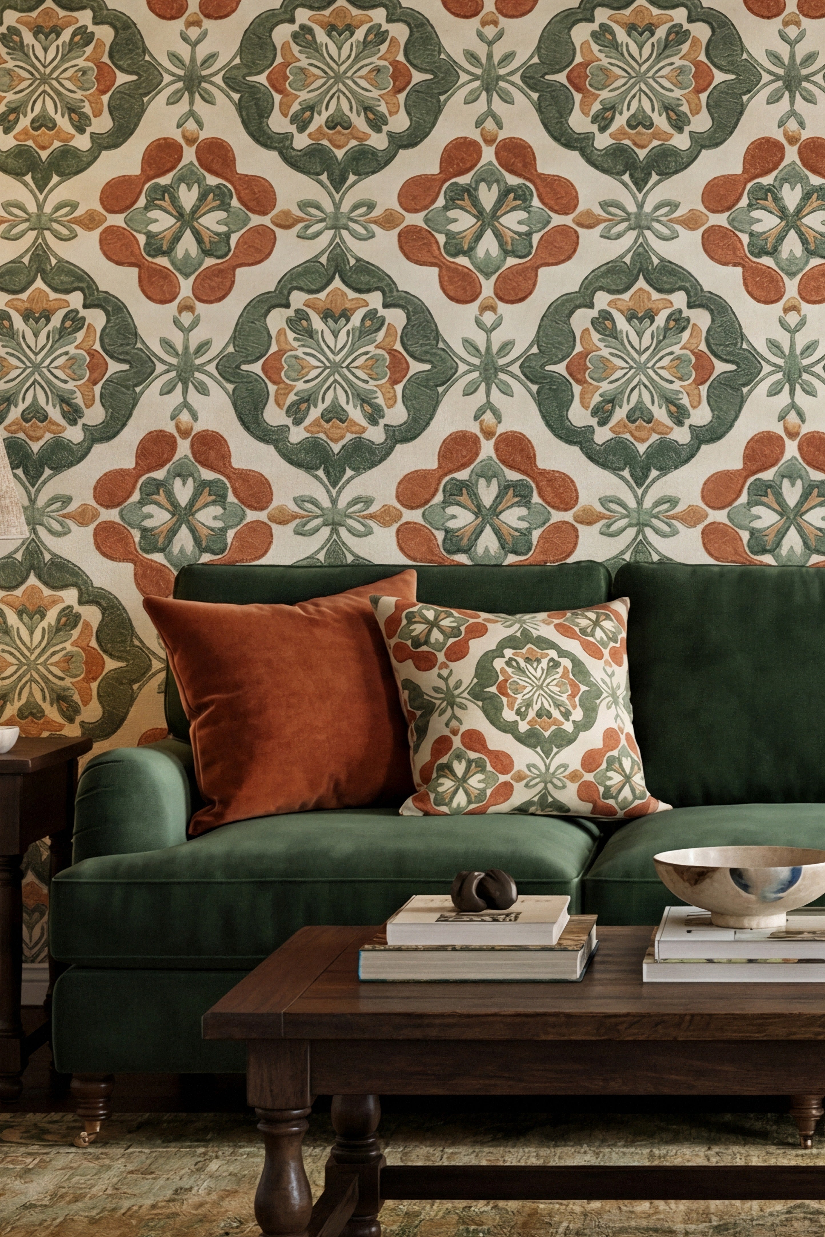 Sage and terracotta botanical medallions on wallpaper in a living room.