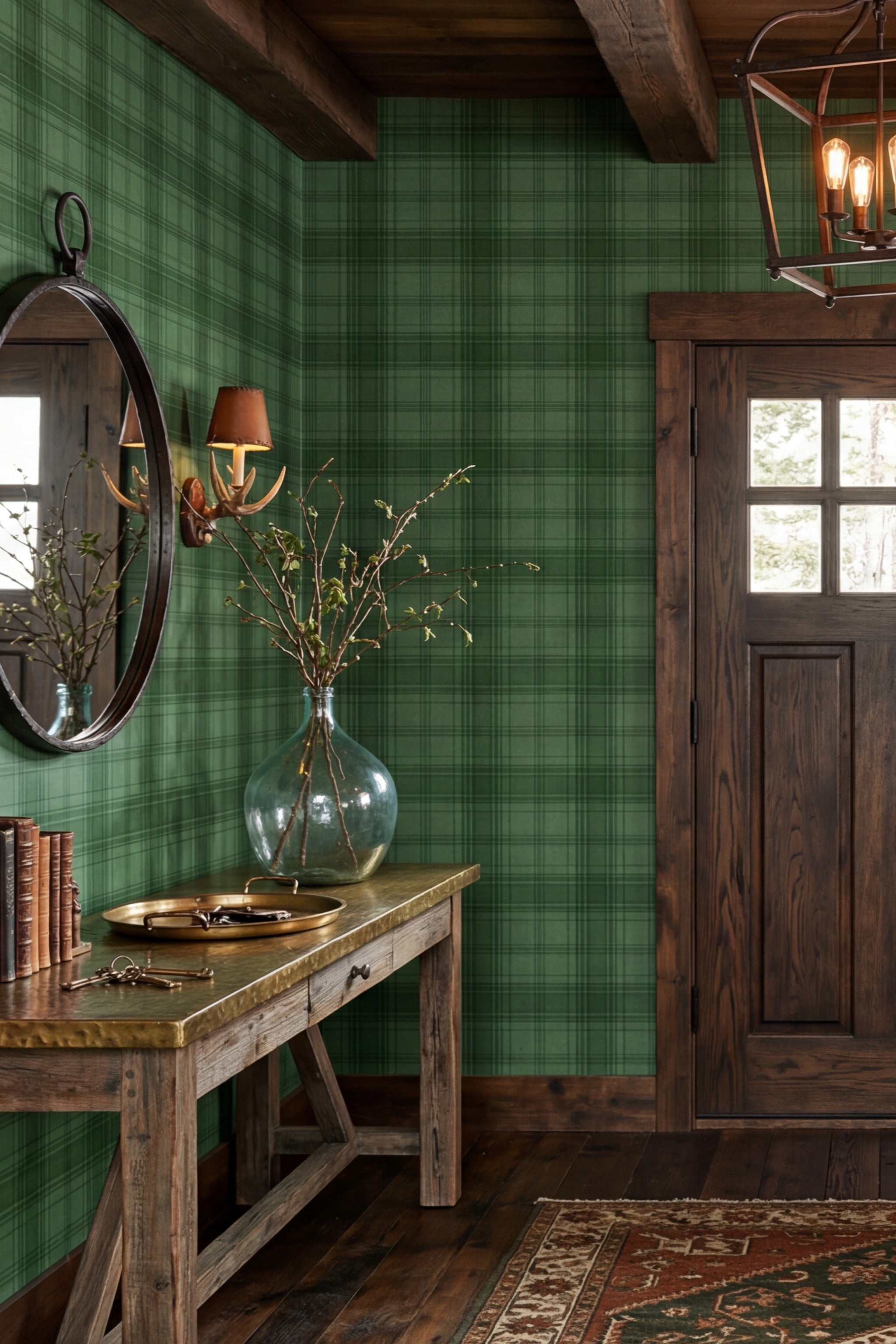 Deep green Western plaid check wallpaper in an entryway.