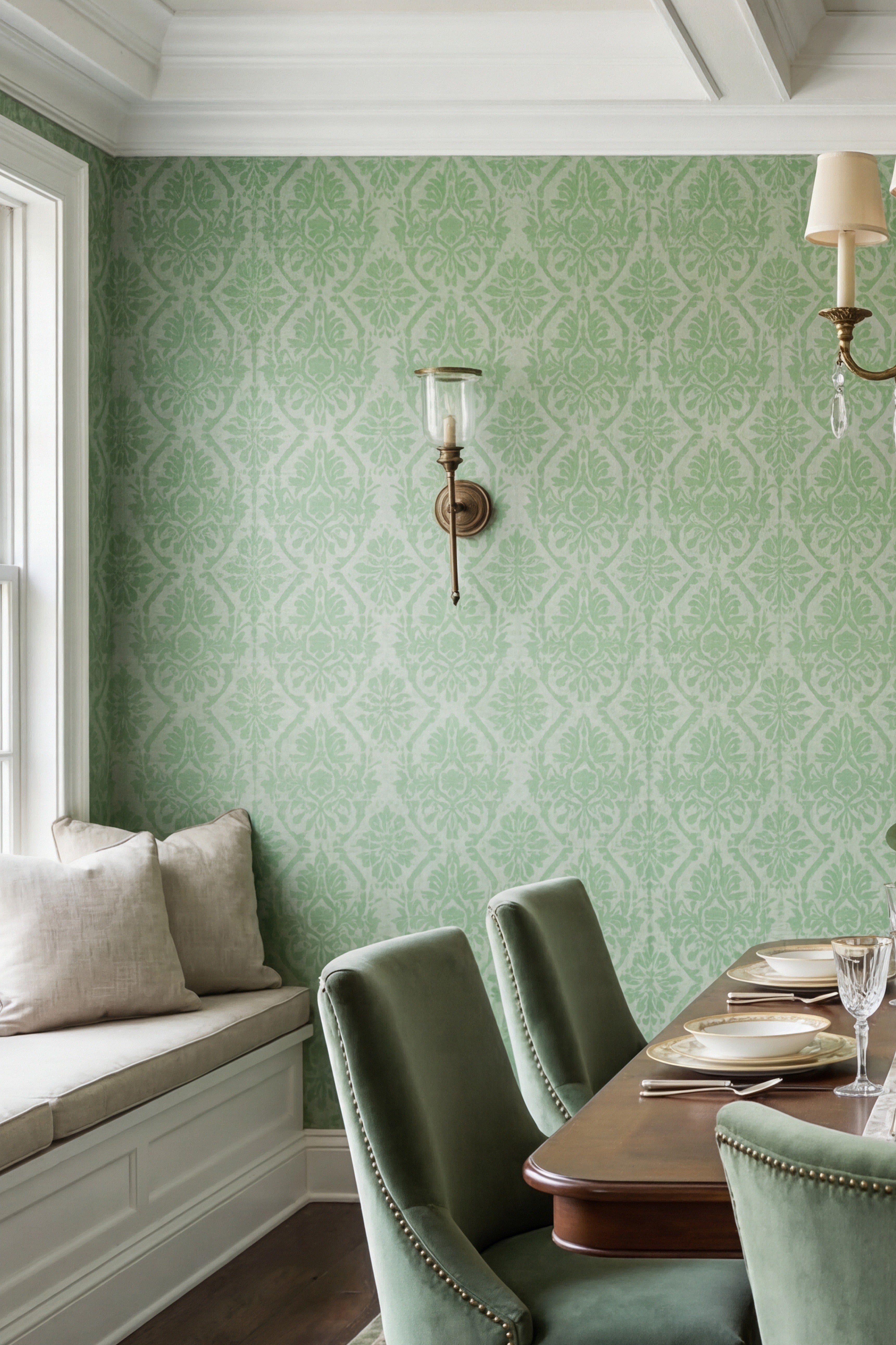 Fresh green classic damask wallpaper in a dining room.