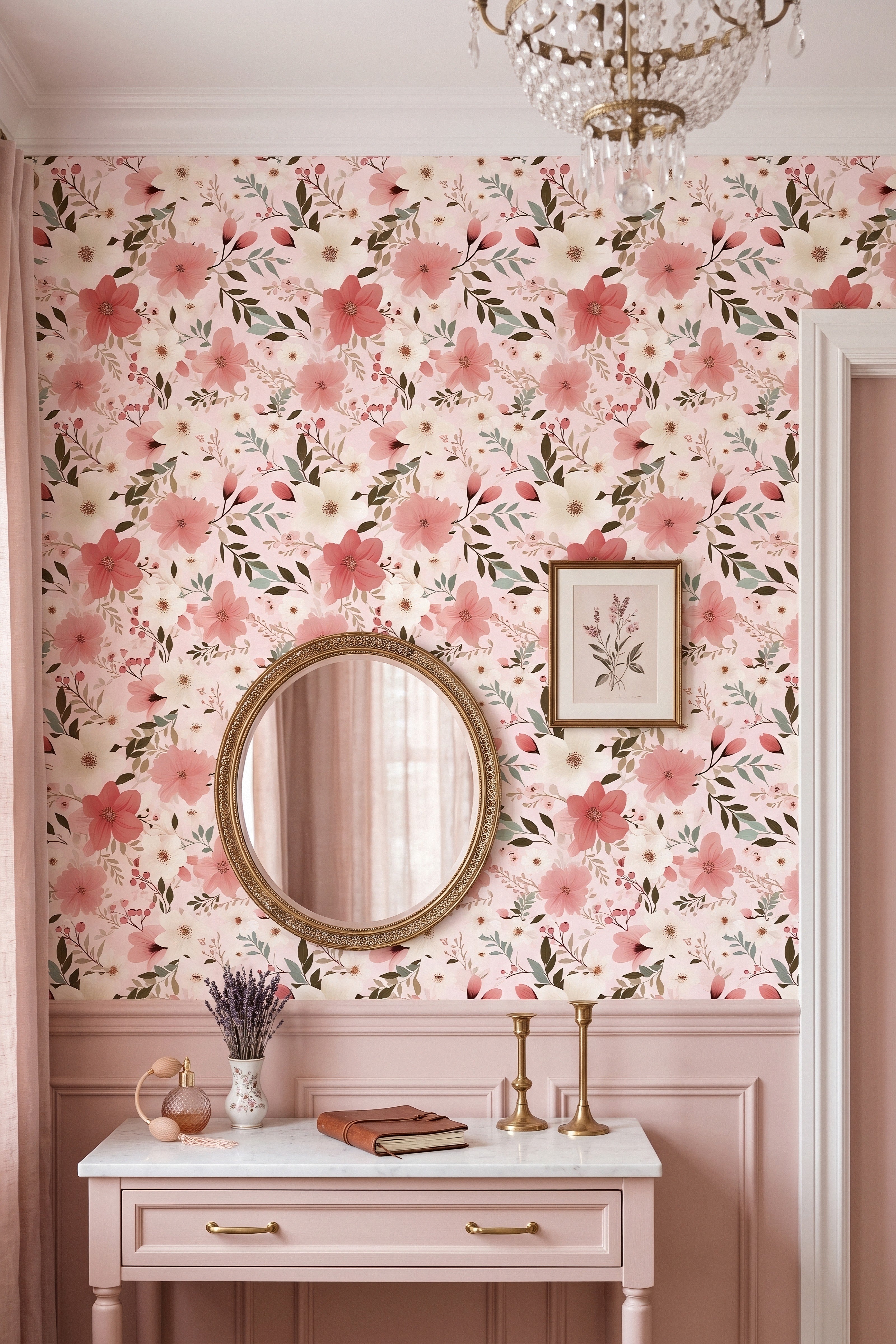 Cream and rose blossoms on pale pink floral wallpaper in a kids' room.
