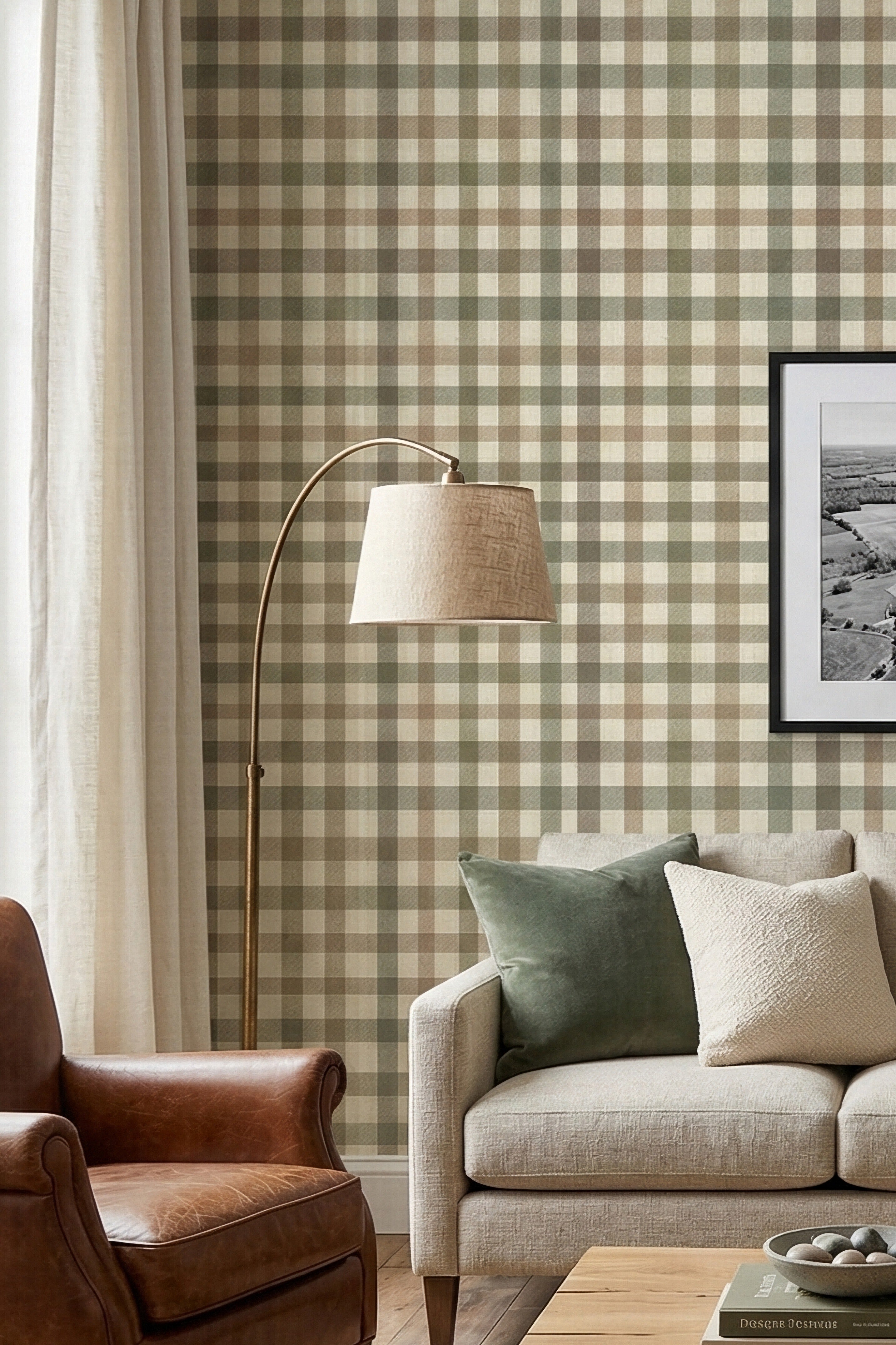 Cream, taupe, and sage gingham check wallpaper in a living room.