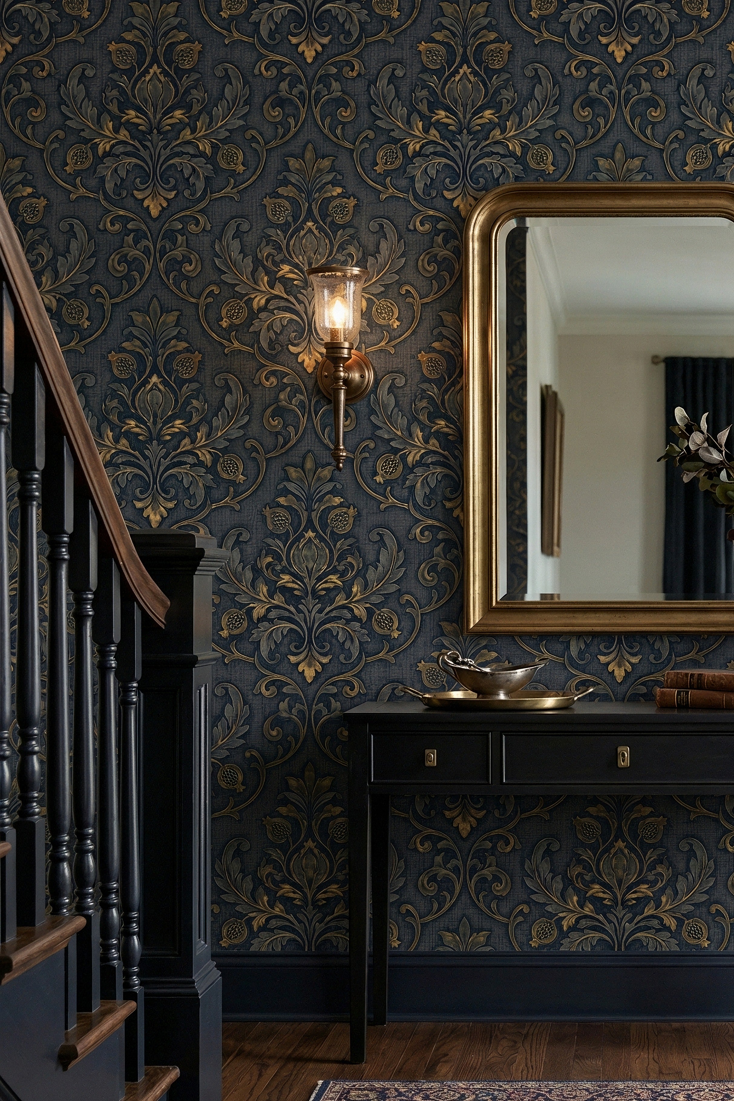 Gold damask scrollwork on a deep navy wallpaper in an entryway.