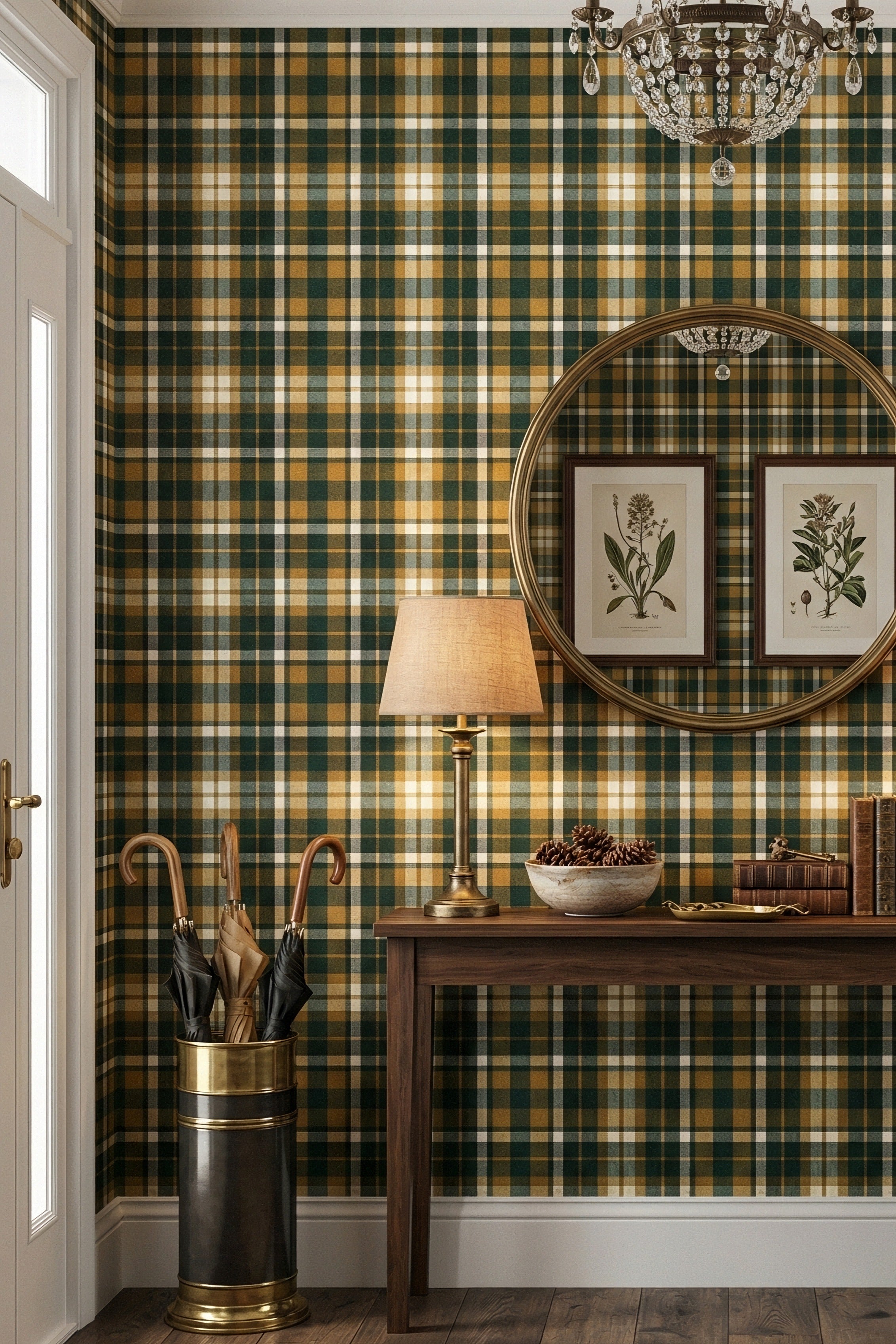 Mustard gold and forest green plaid wallpaper in an entryway.
