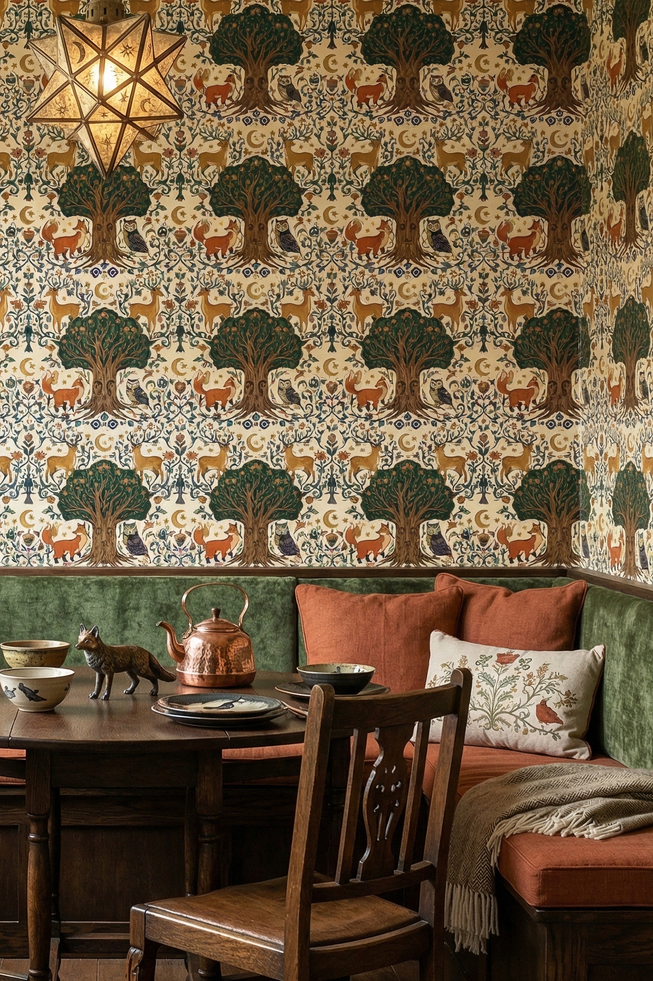 Foxes, deer, and owls folk-art woodland wallpaper in a cozy nook.
