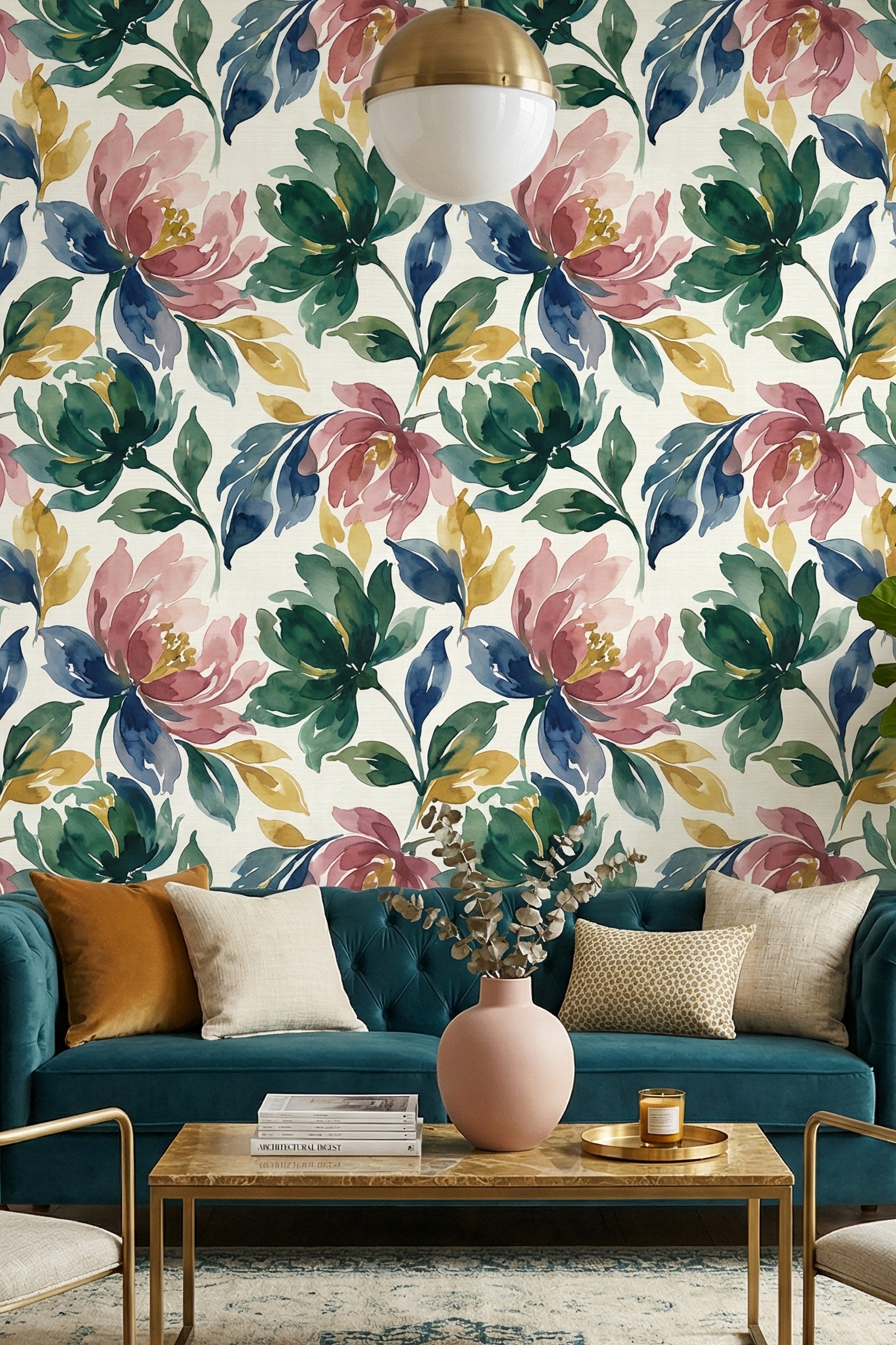 Blush and navy scattered wildflower wallpaper in a living room.