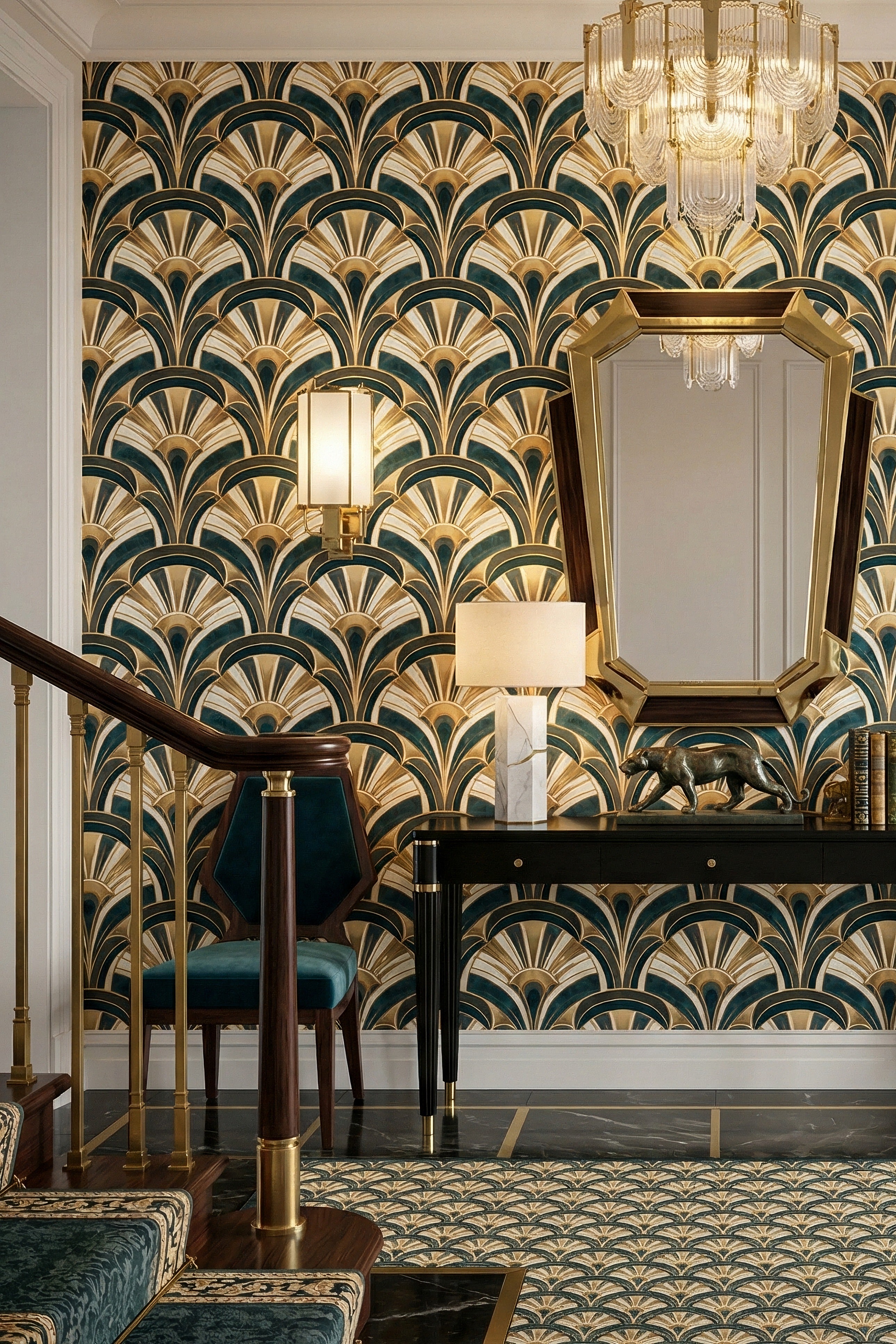 Green and gold Art Deco fan wallpaper in an entryway.
