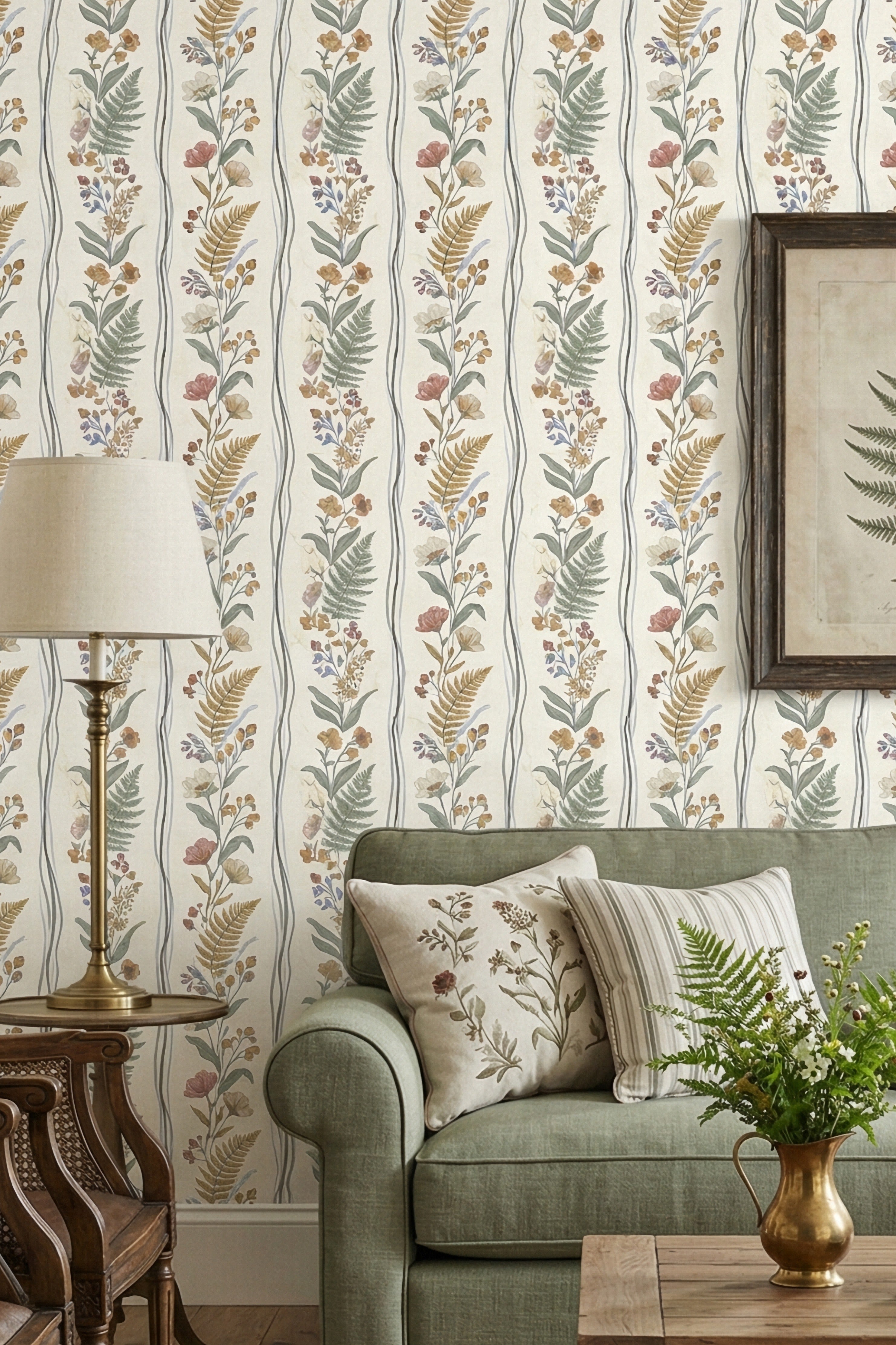 Sage and blush cottage wildflower stripe wallpaper in a living room.