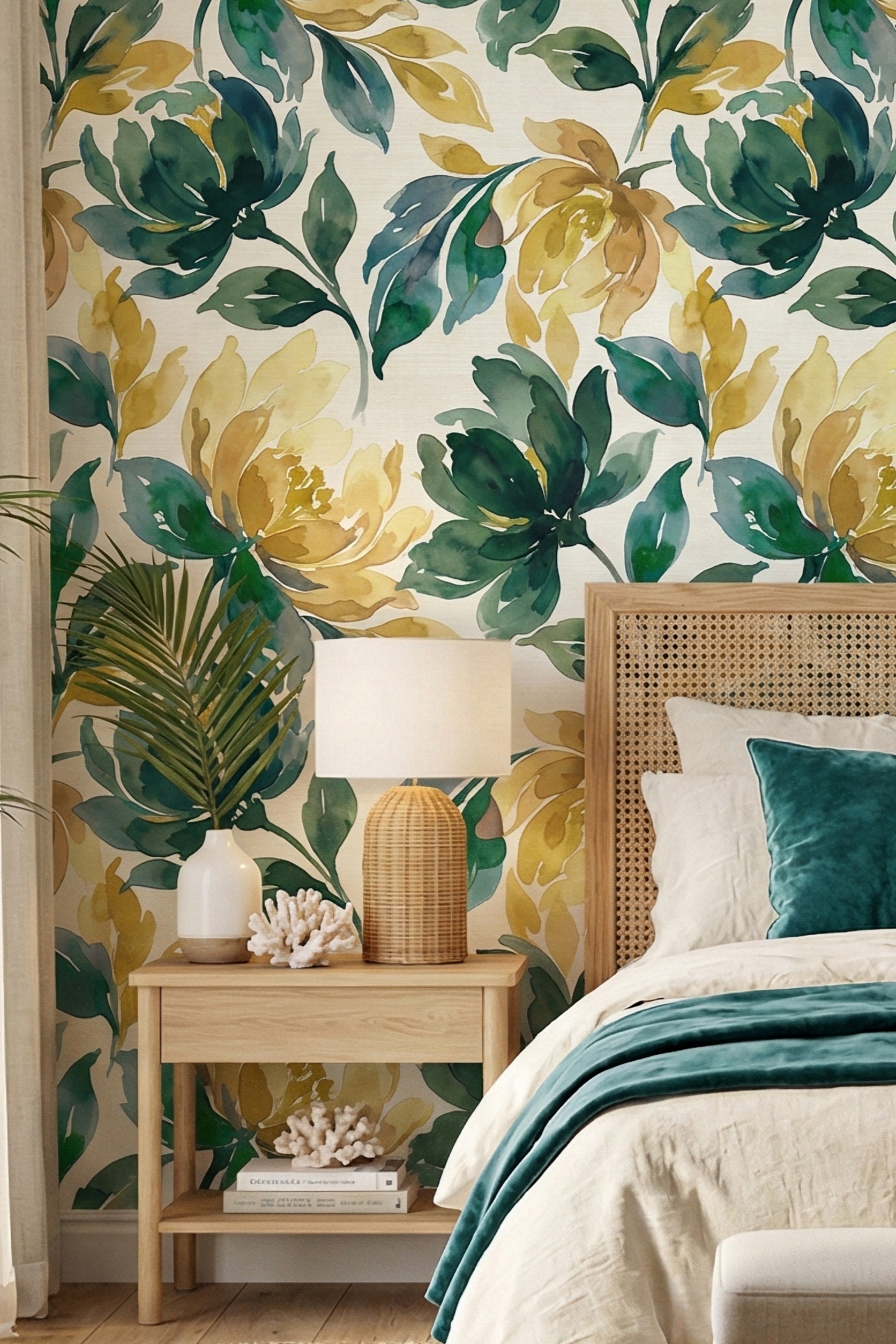 Teal and mustard watercolor wildflower wallpaper in a bedroom.