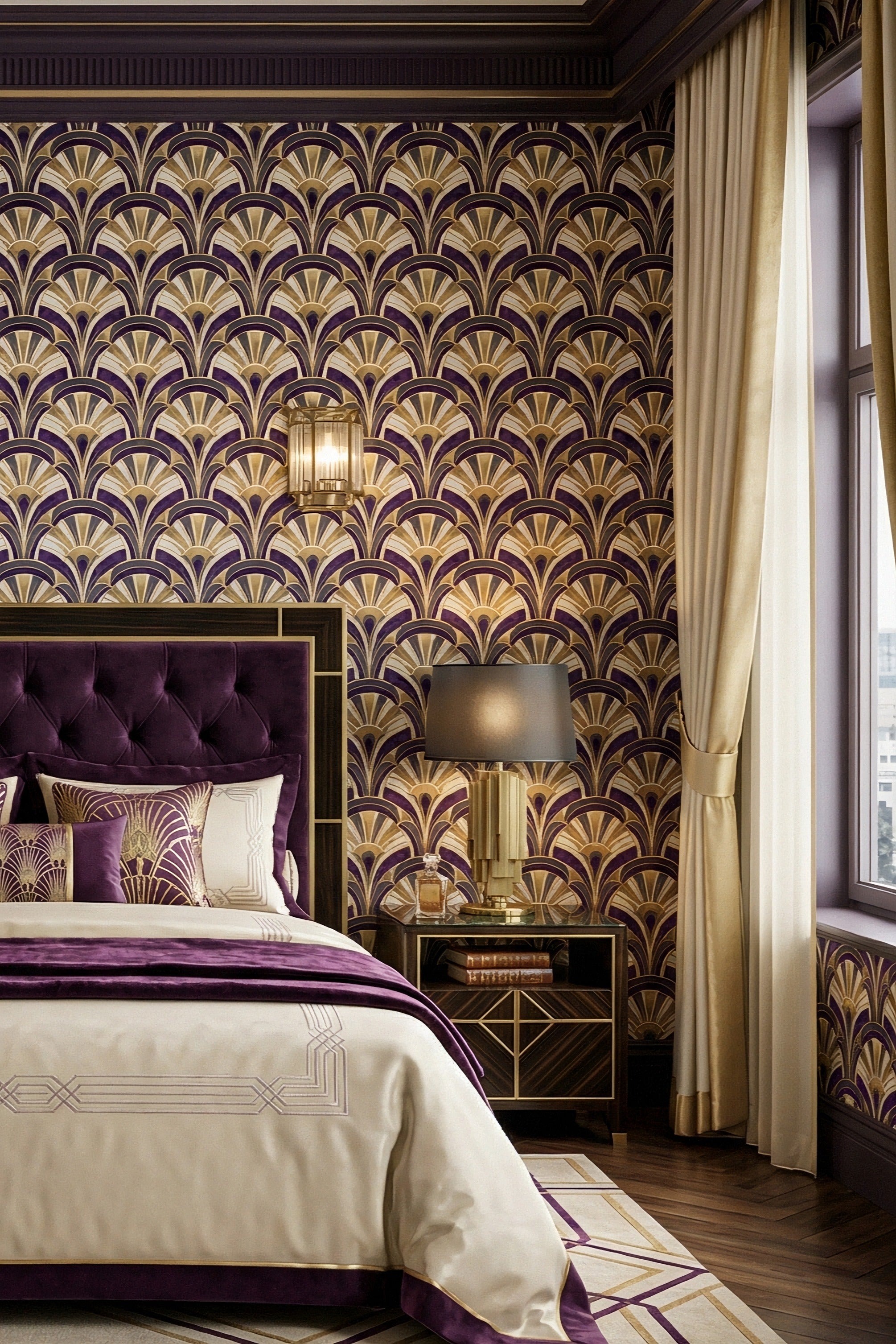 Deep purple and champagne gold Art Deco fan wallpaper in a bedroom.