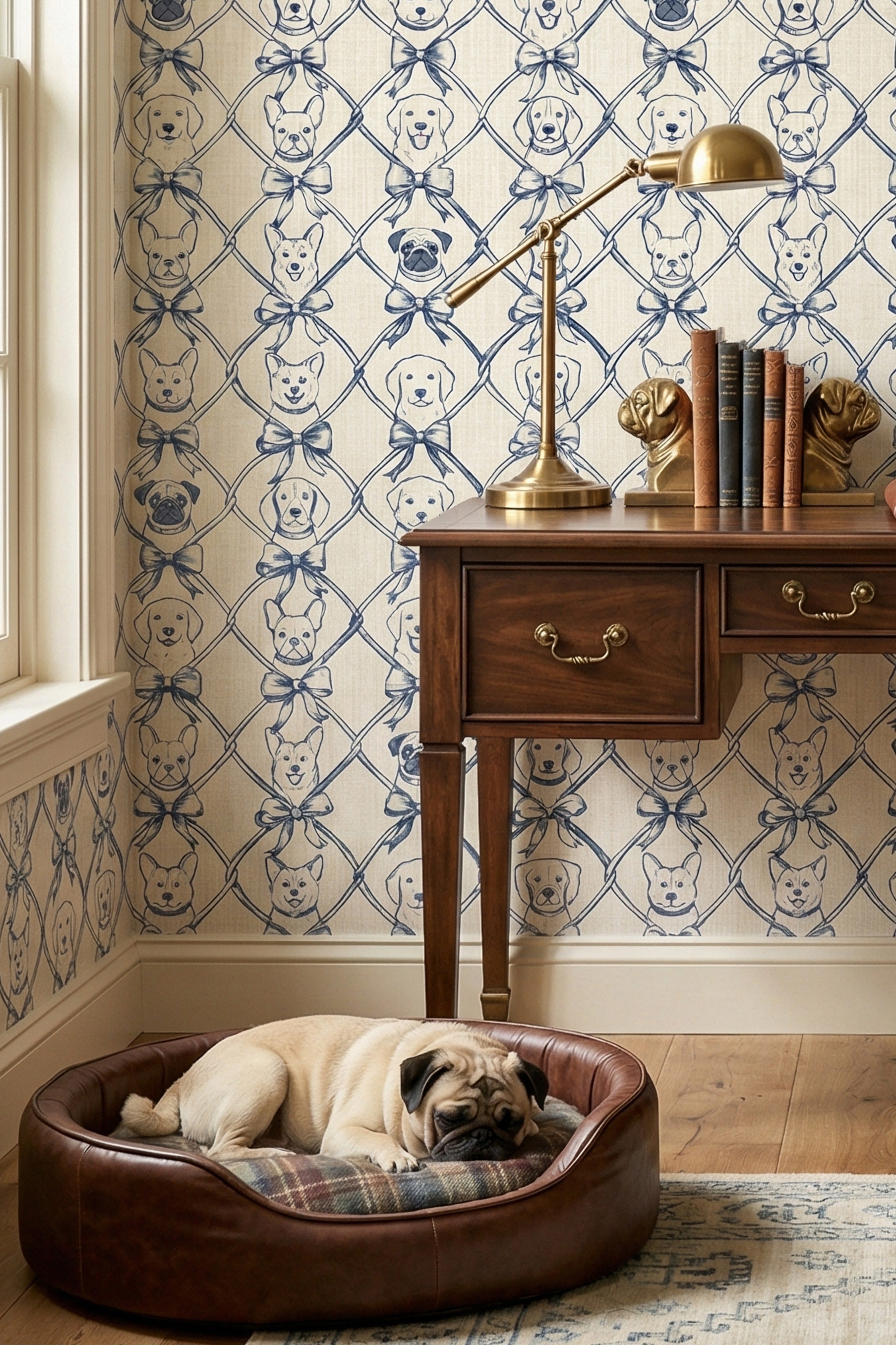 Blue line-art puppies in bow ties on light lattice wallpaper in a home office.