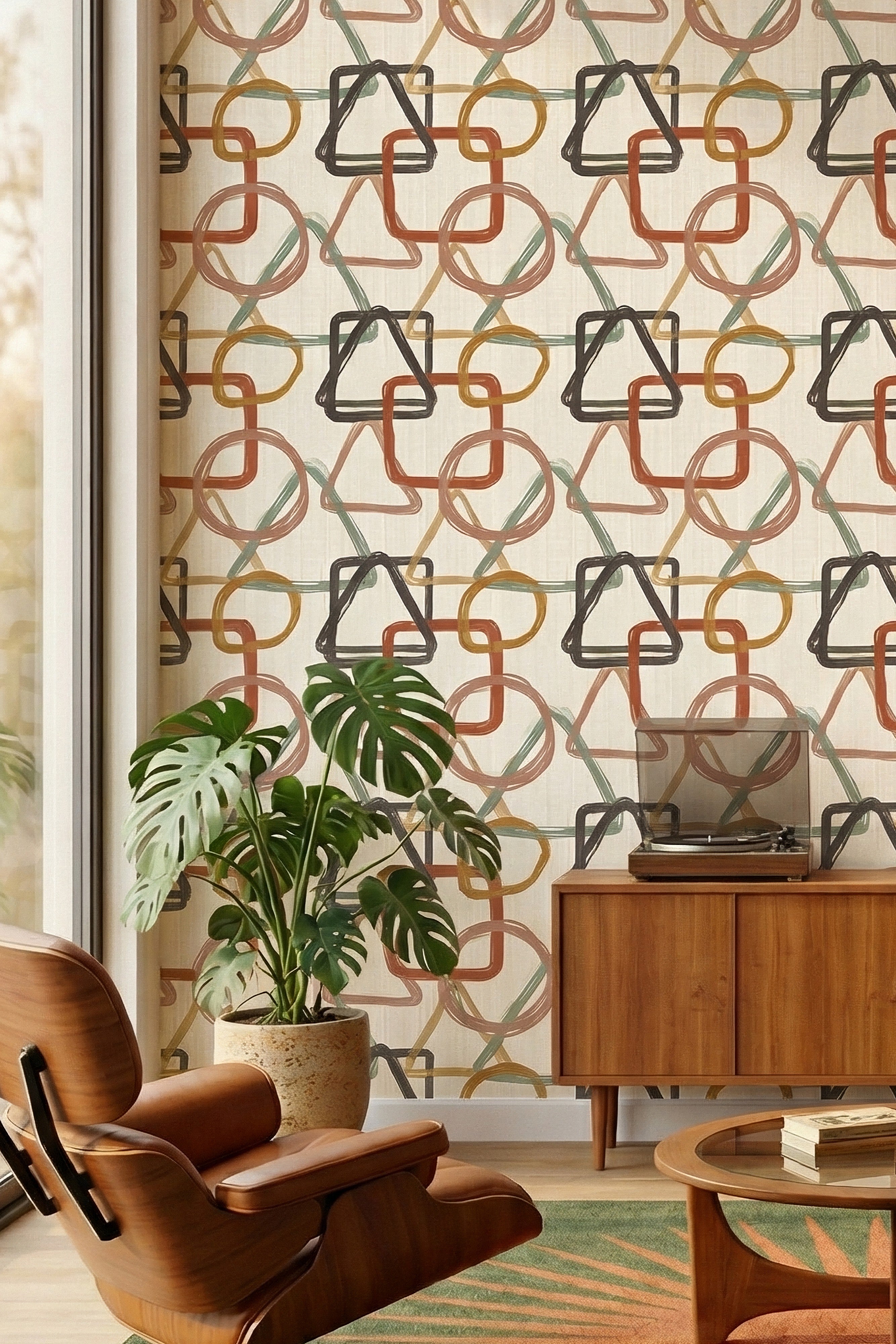 Retro geometric links wallpaper in cream, orange, and black in a living room.