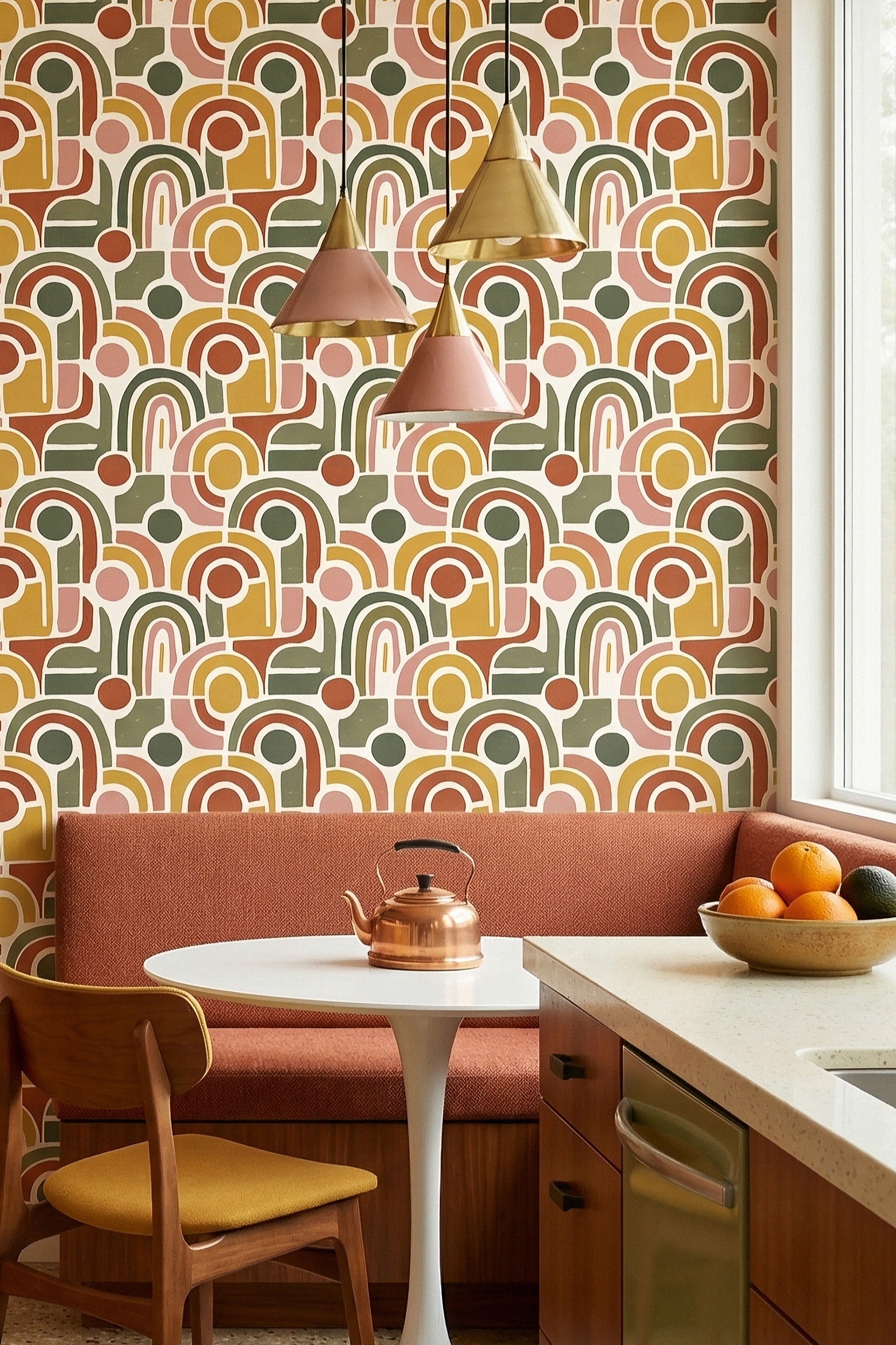 Olive, mustard, and terracotta rainbow arches wallpaper in a cozy nook.