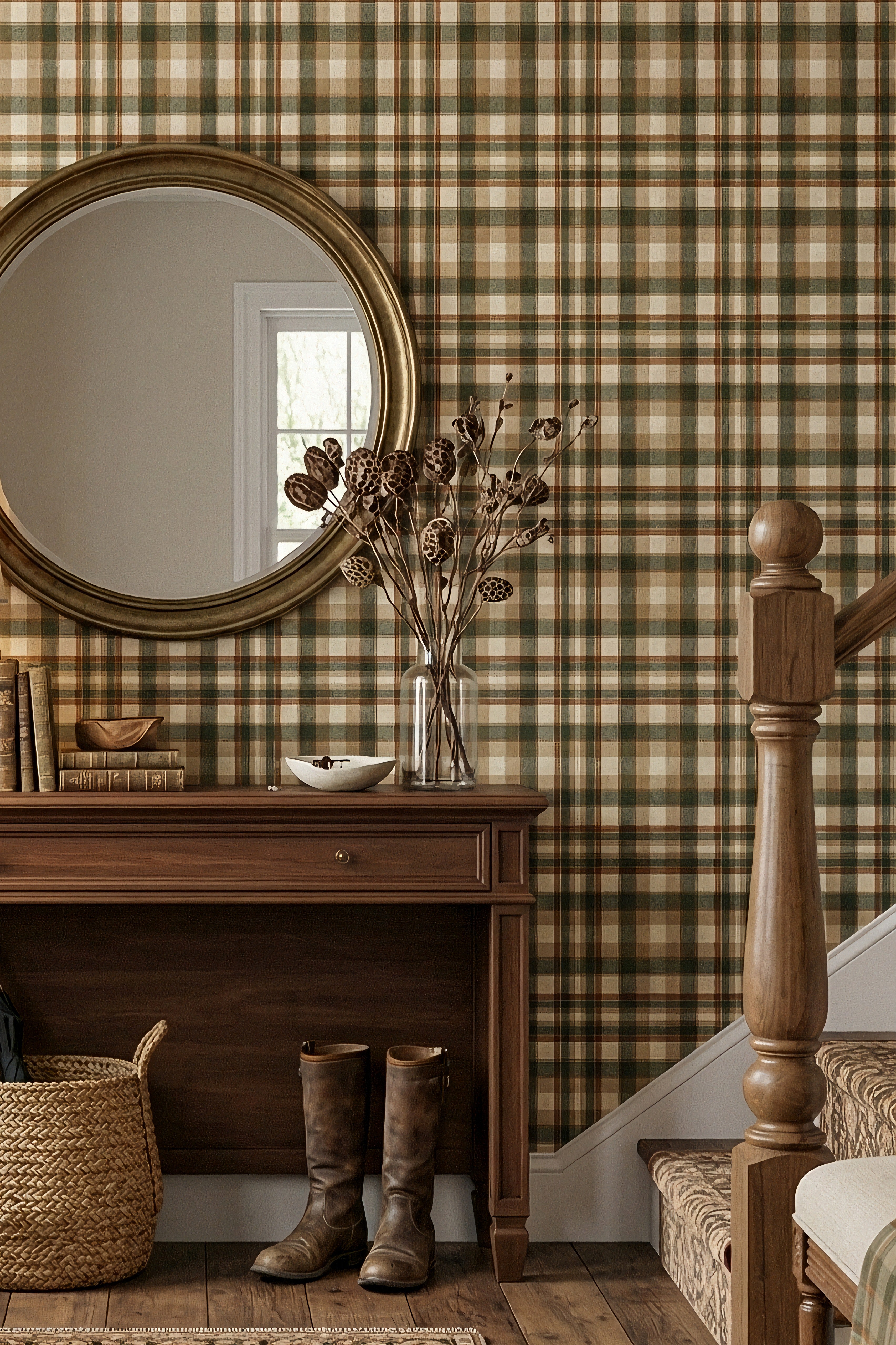 Forest green and cream flannel check wallpaper with rust accents in an entryway.