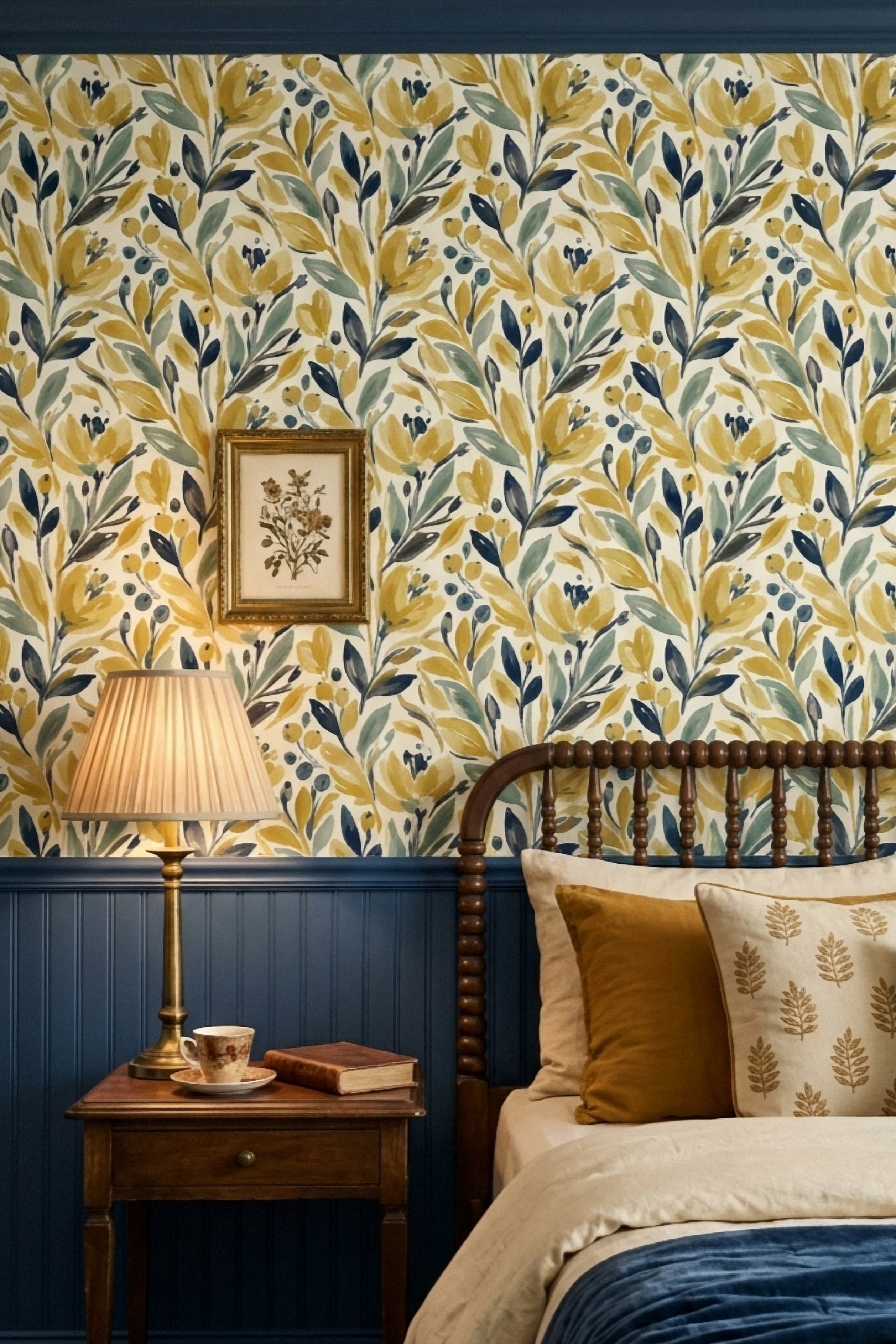 Mustard and navy wildflowers on a sage-toned cottage wallpaper in a bedroom.
