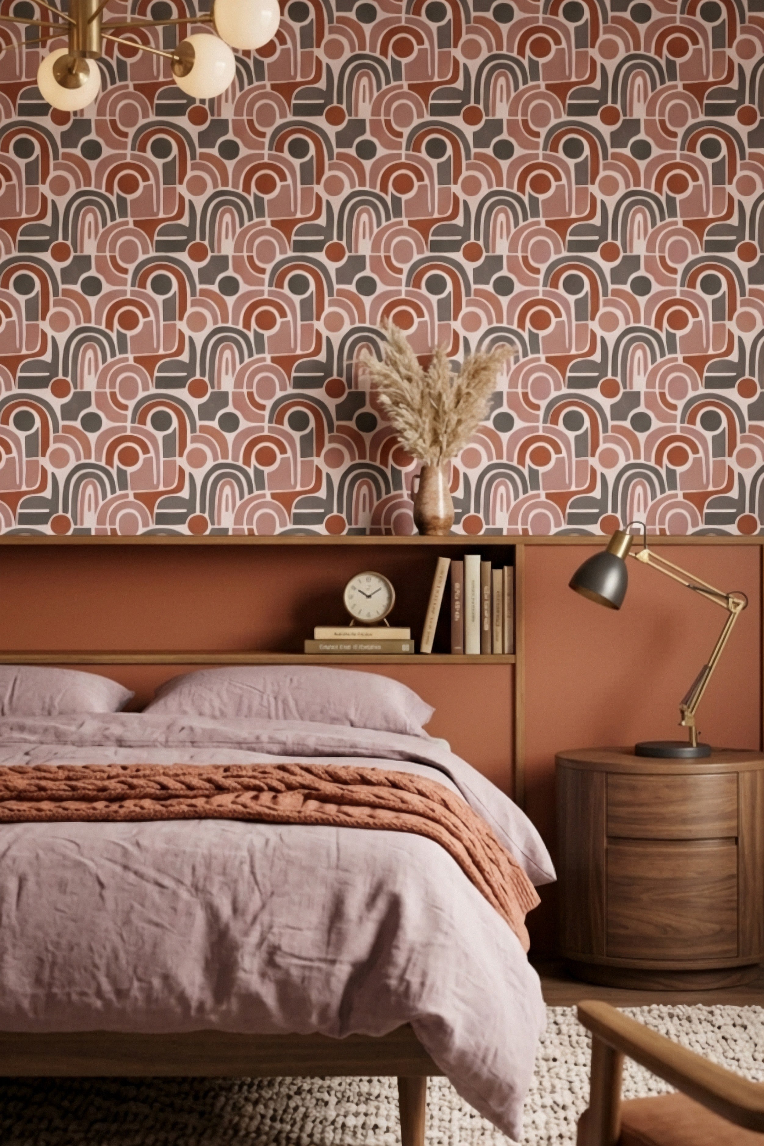 Terracotta and blush abstract mid-century wallpaper in a bedroom.