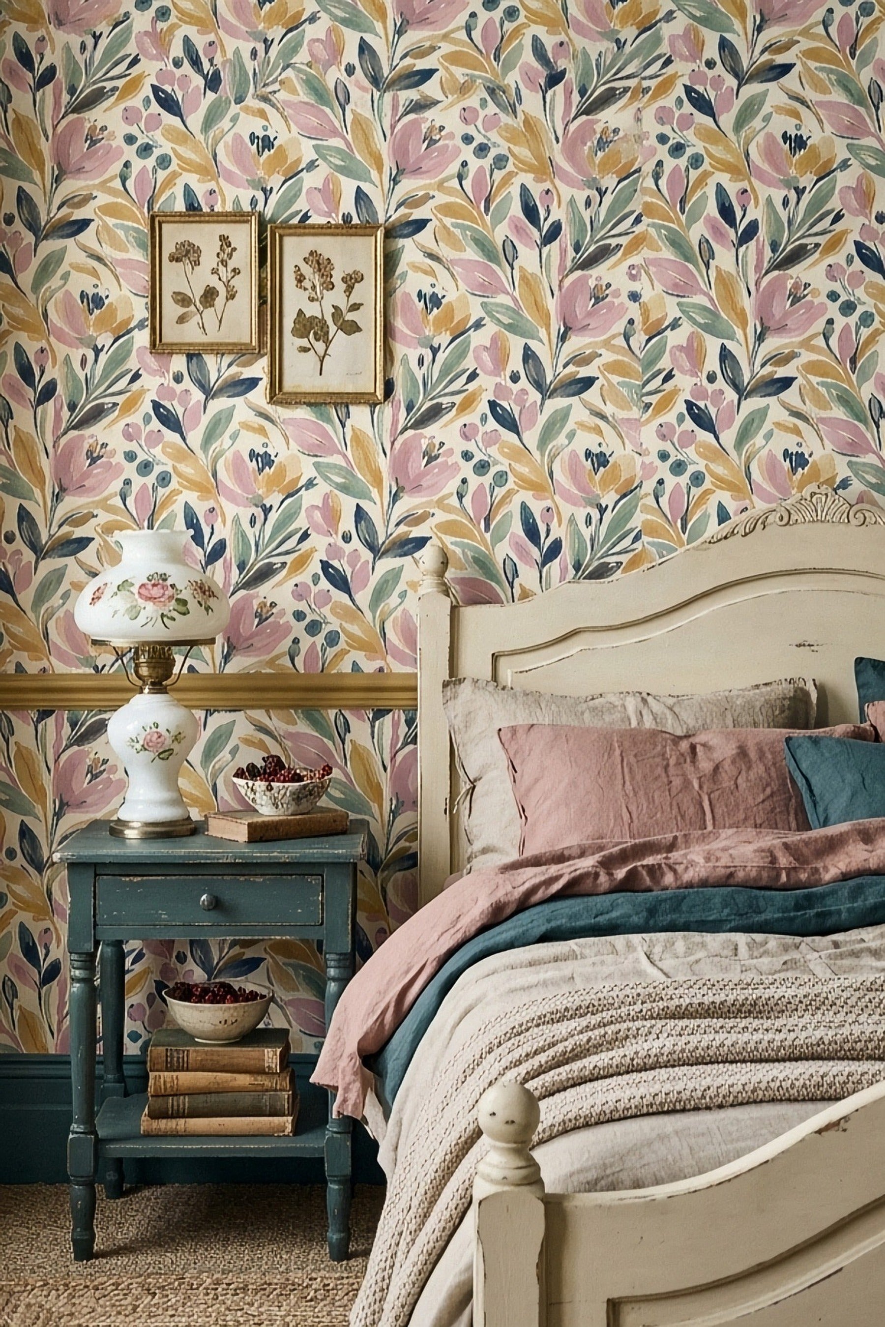 Muted pink and sage Morris-style floral wallpaper in a bedroom.