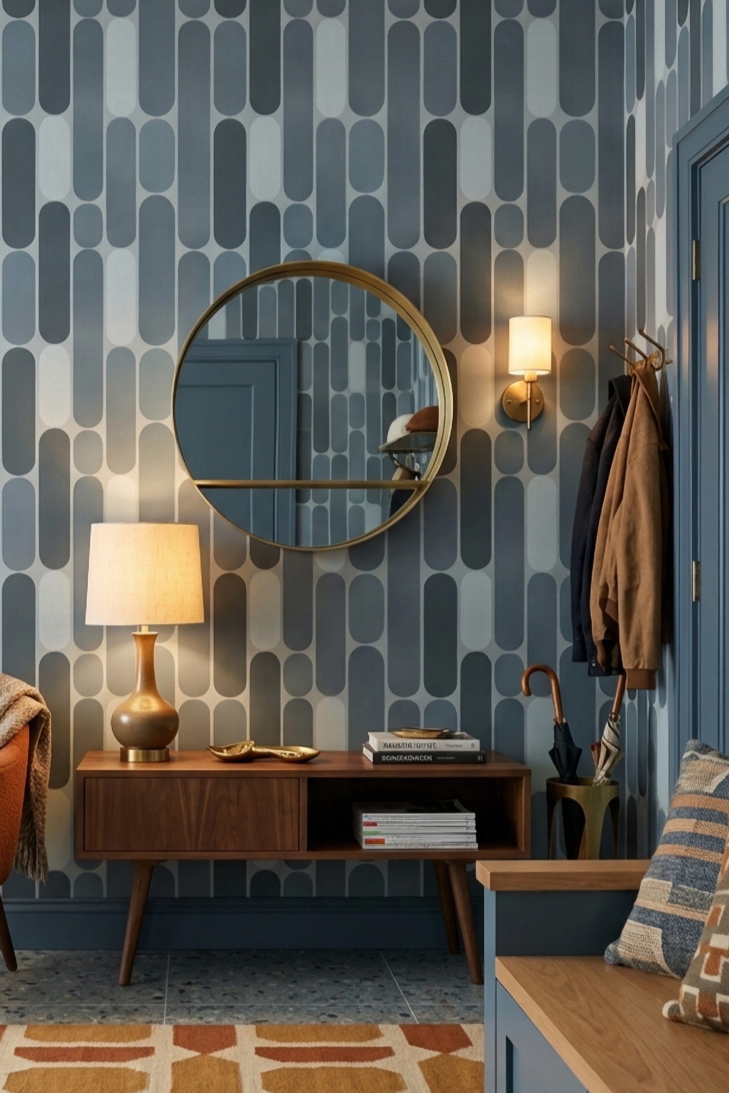 Slate blue and gray mid-century stripe wallpaper in an entryway.