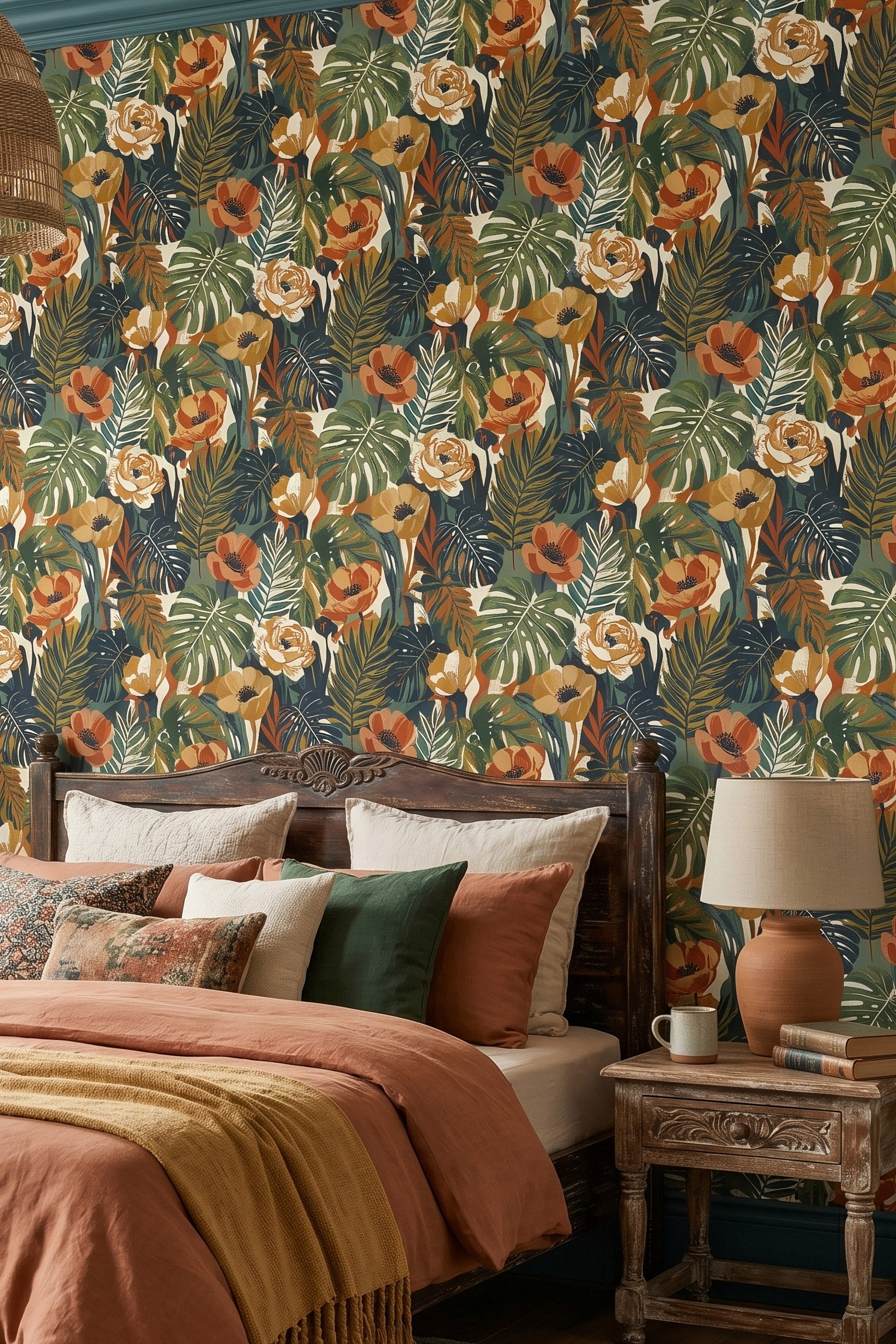 Terracotta and forest green bohemian tropical wallpaper in a bedroom.
