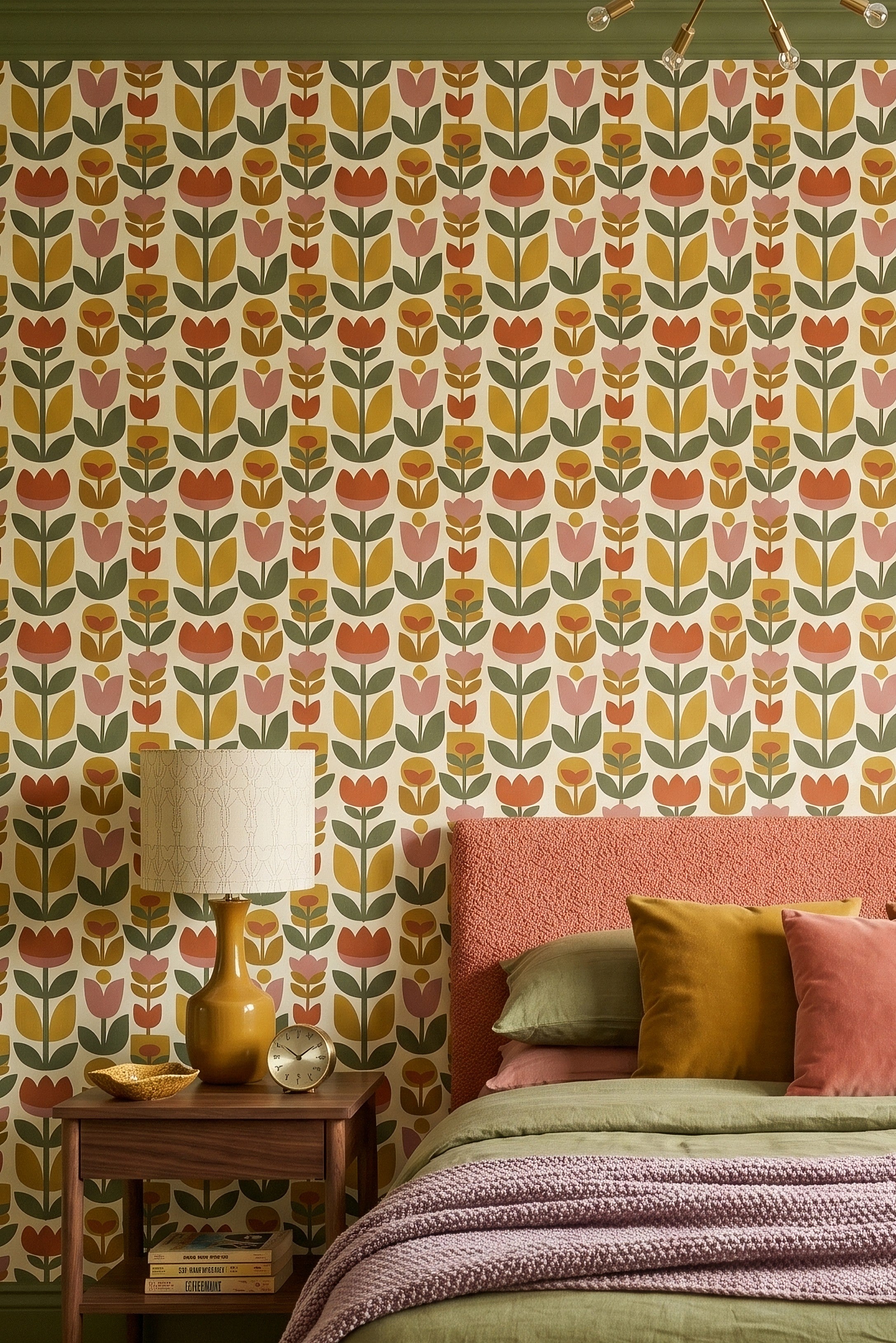 Terracotta and mustard retro tulip wallpaper in a bedroom.