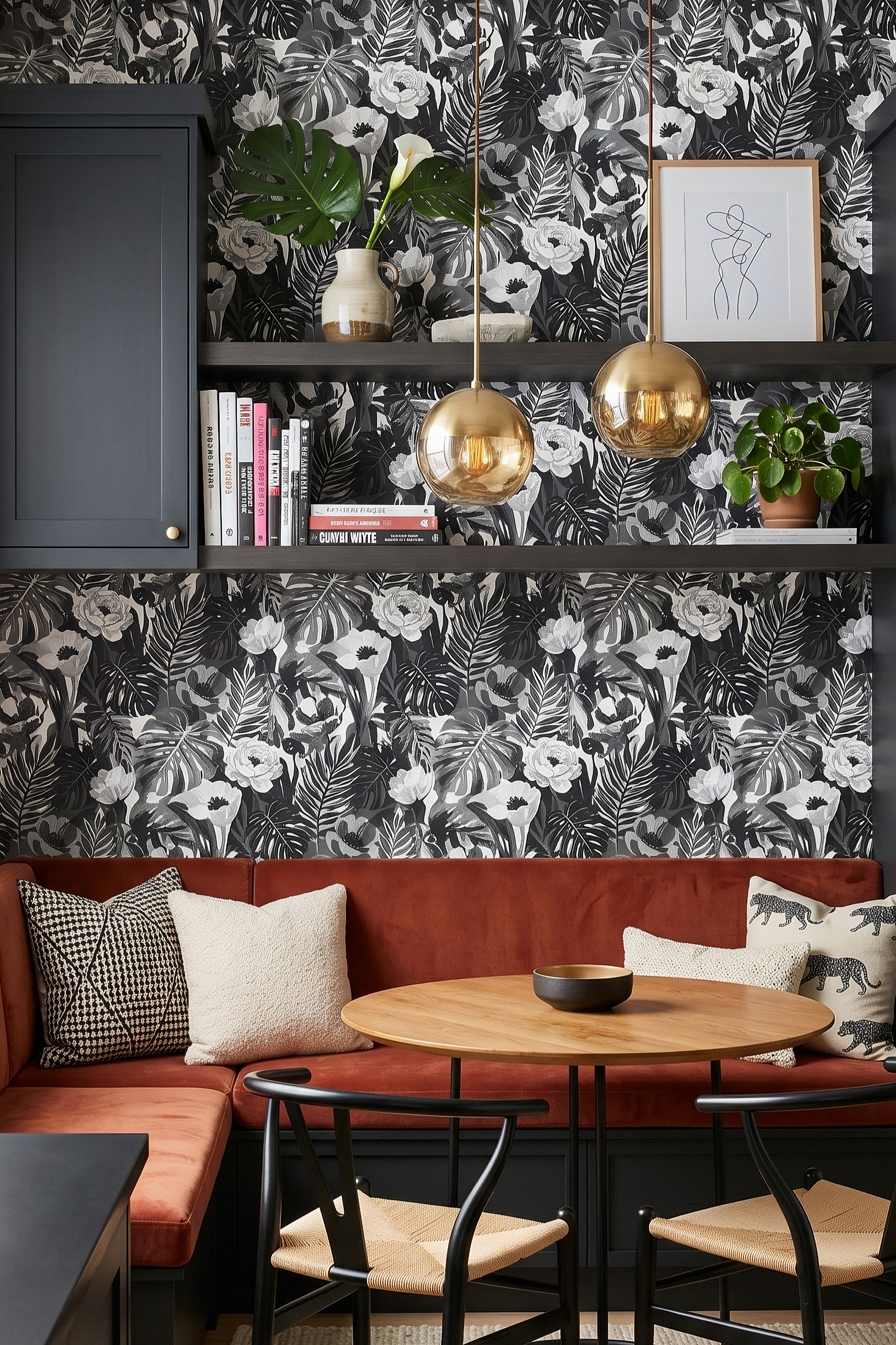 Black and white palms and peonies tropical wallpaper in a kitchen nook.