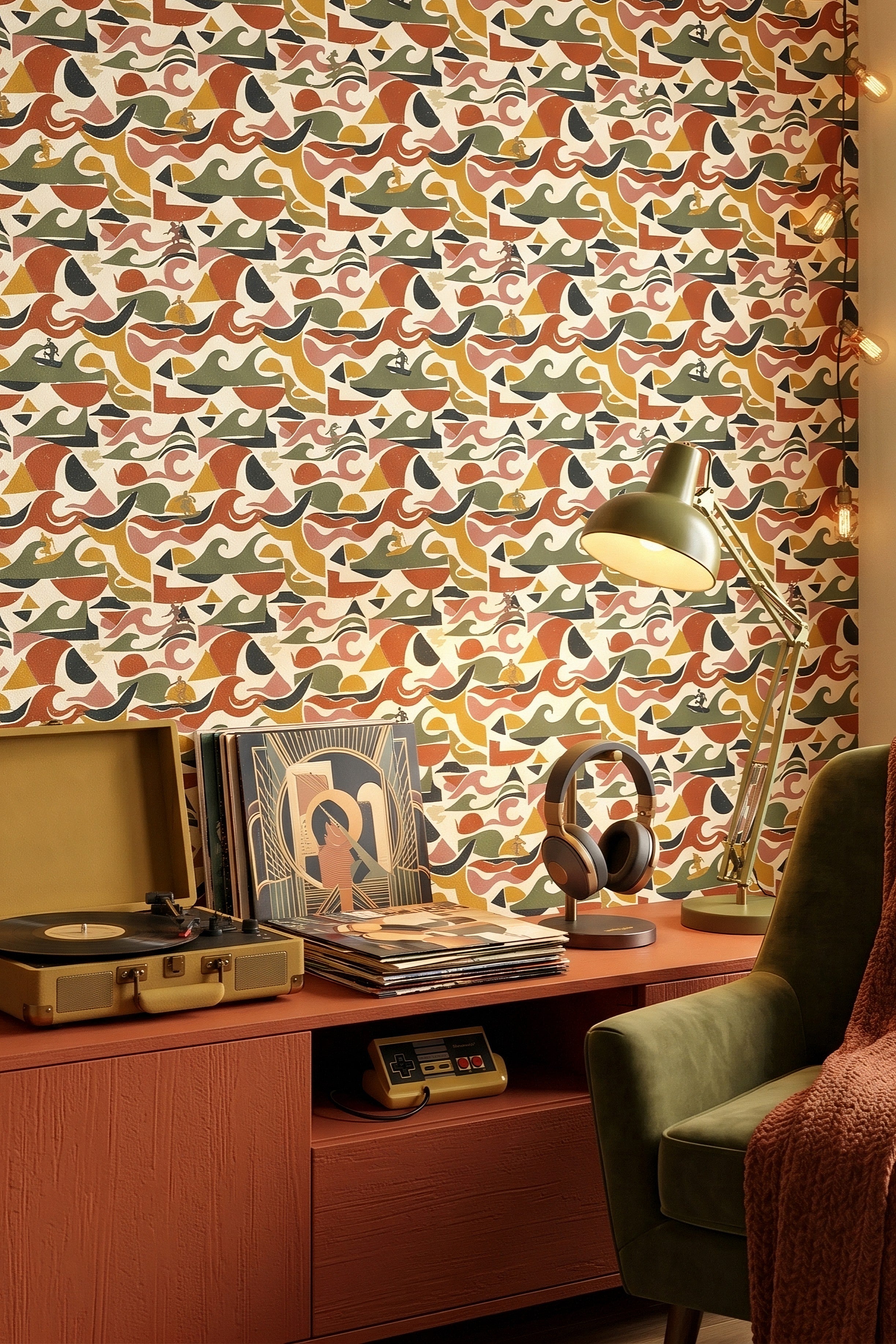 Terracotta and olive retro wave and triangle wallpaper in a media room.