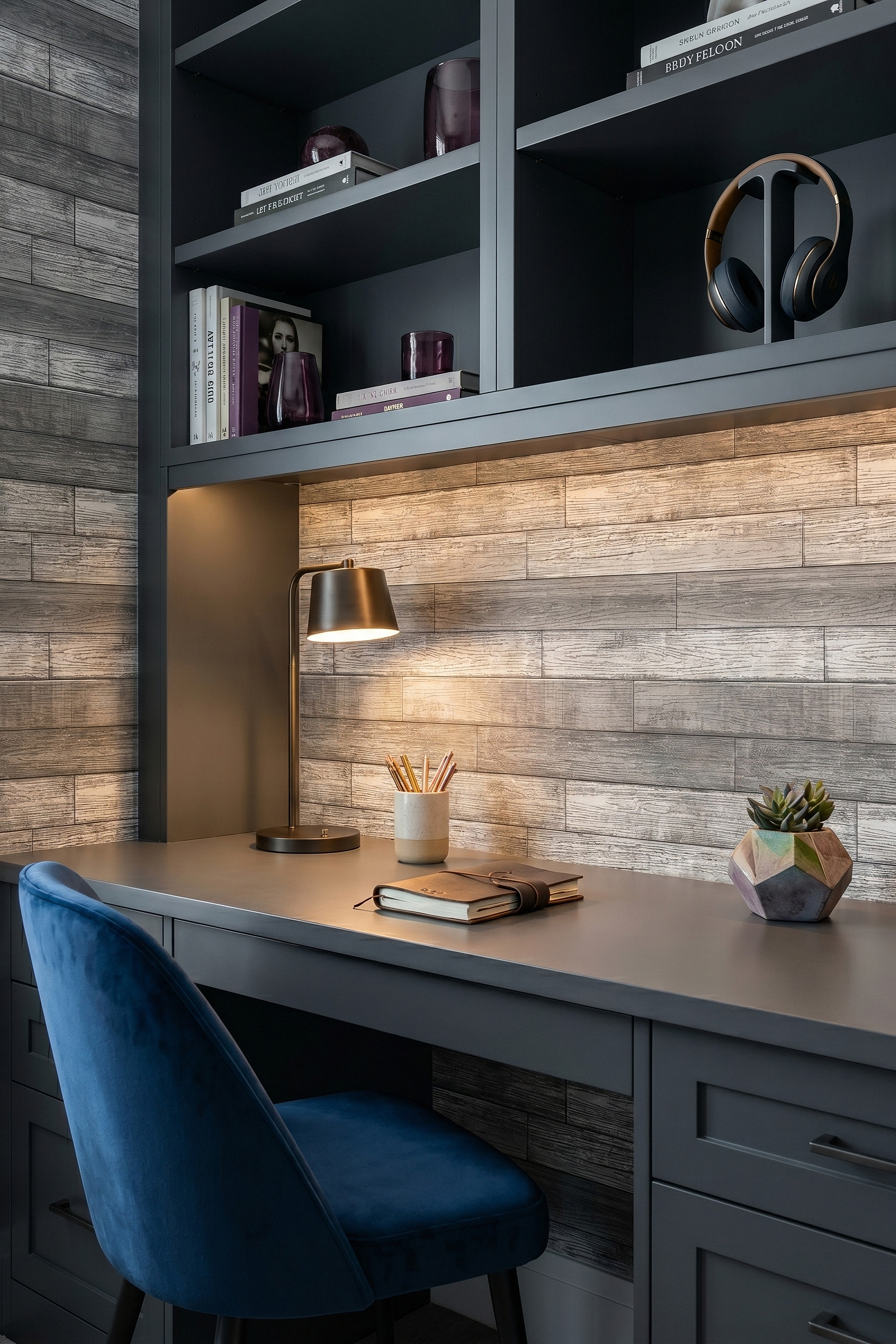 Muted gray and charcoal faux wood-slat shiplap wallpaper in a home office.