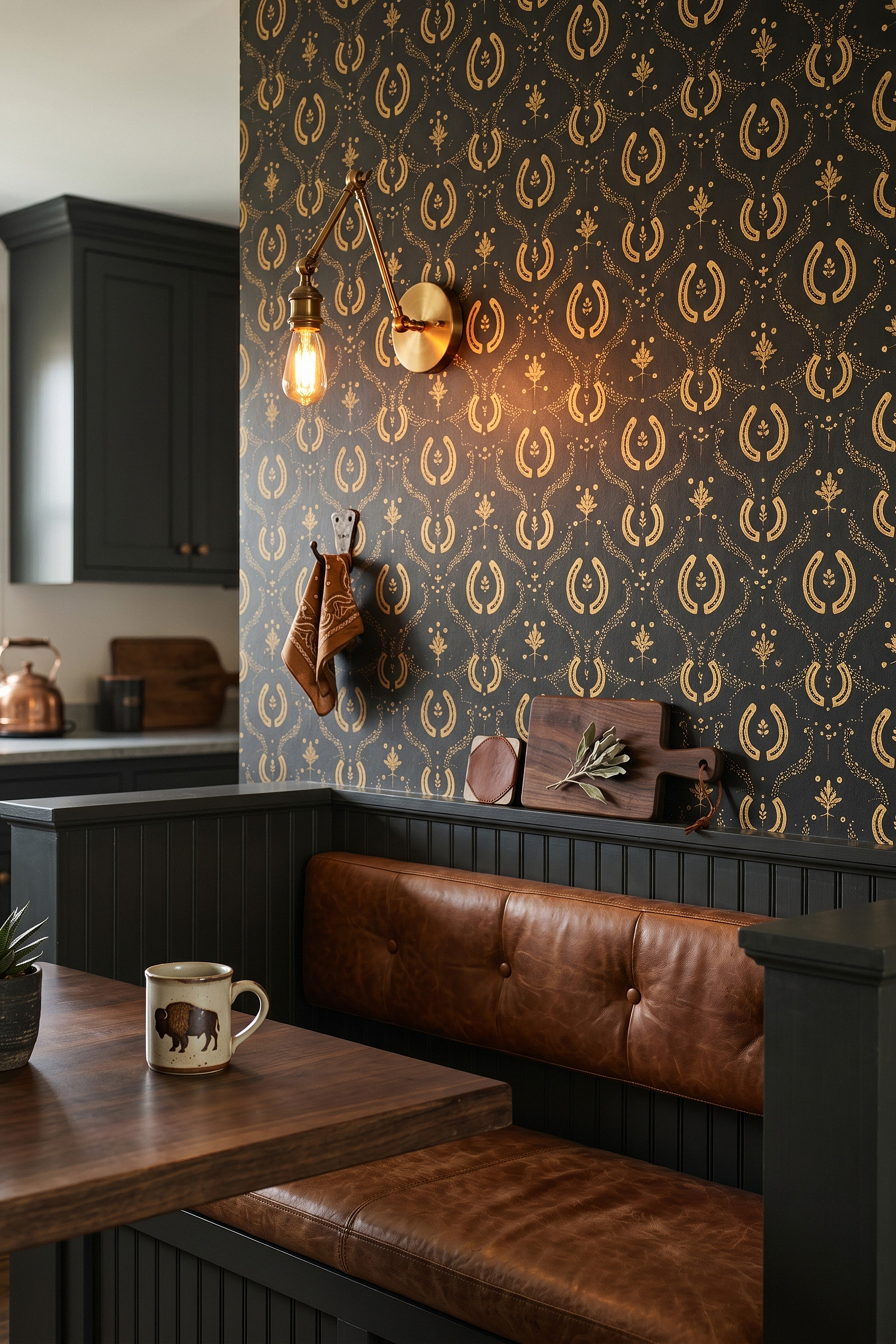 Black and gold horseshoe damask wallpaper in a cozy nook.