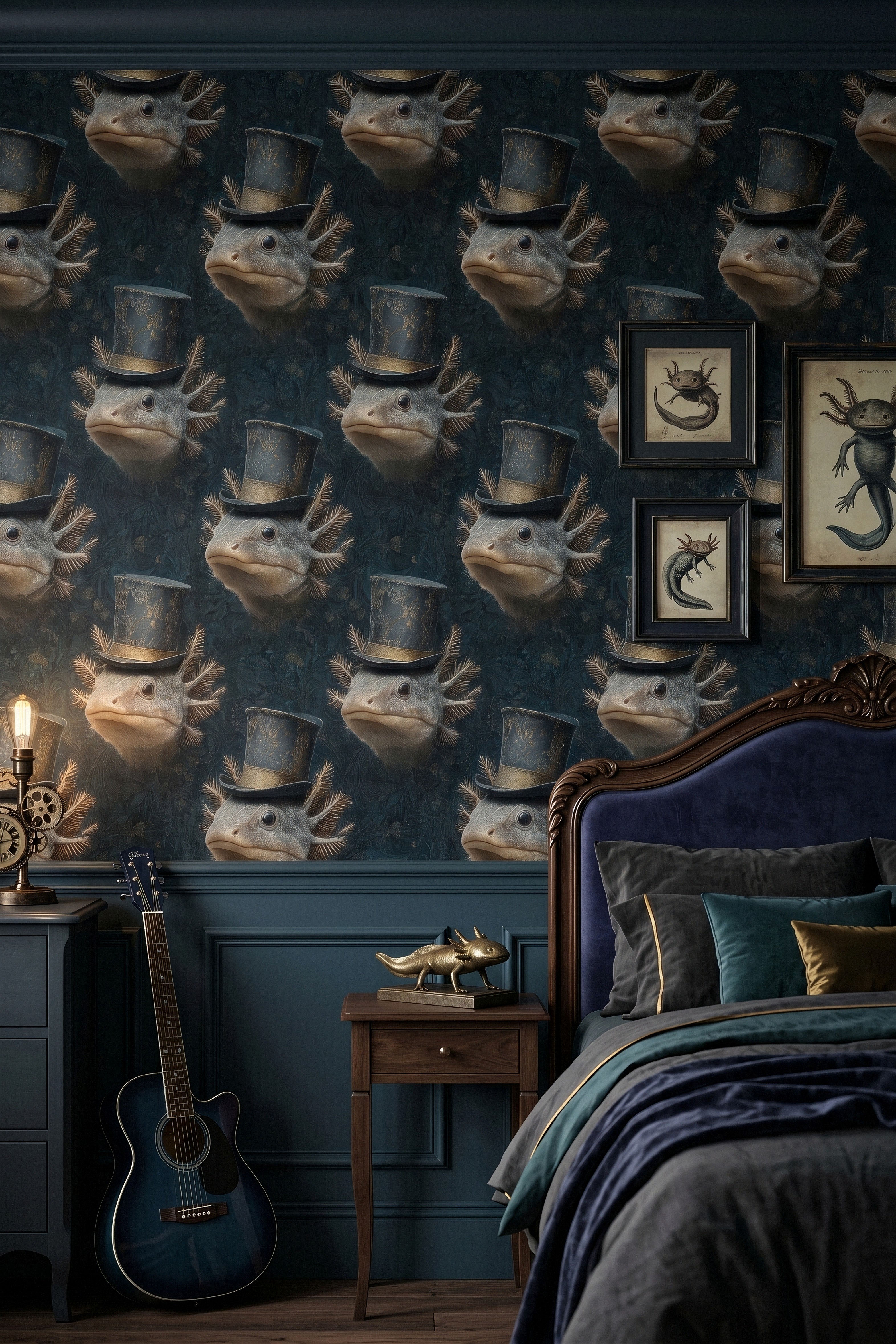 Teal and gold axolotls in top hats wallpaper in a bedroom.