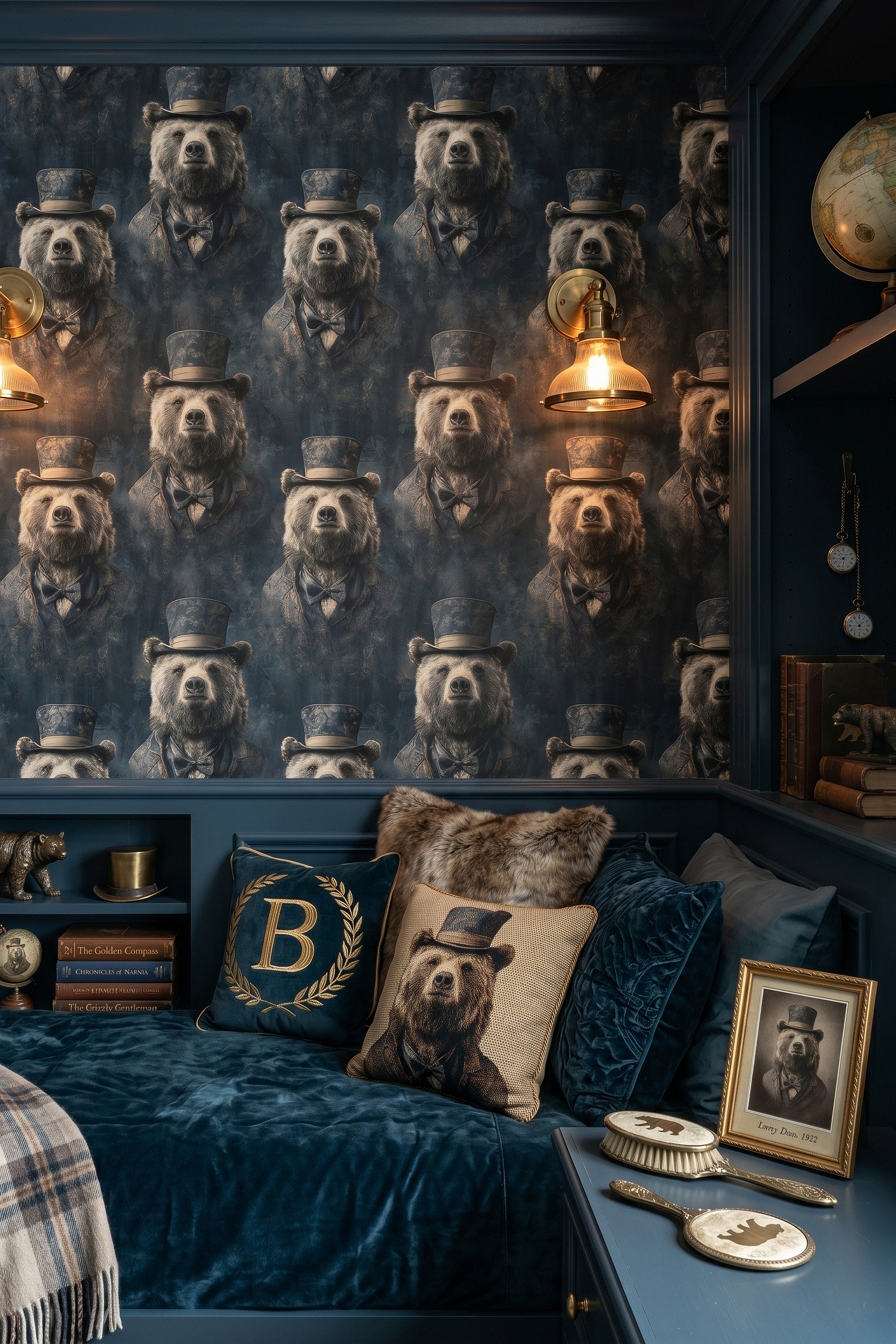 Navy and tan bears in top hats Victorian wallpaper in a bedroom.