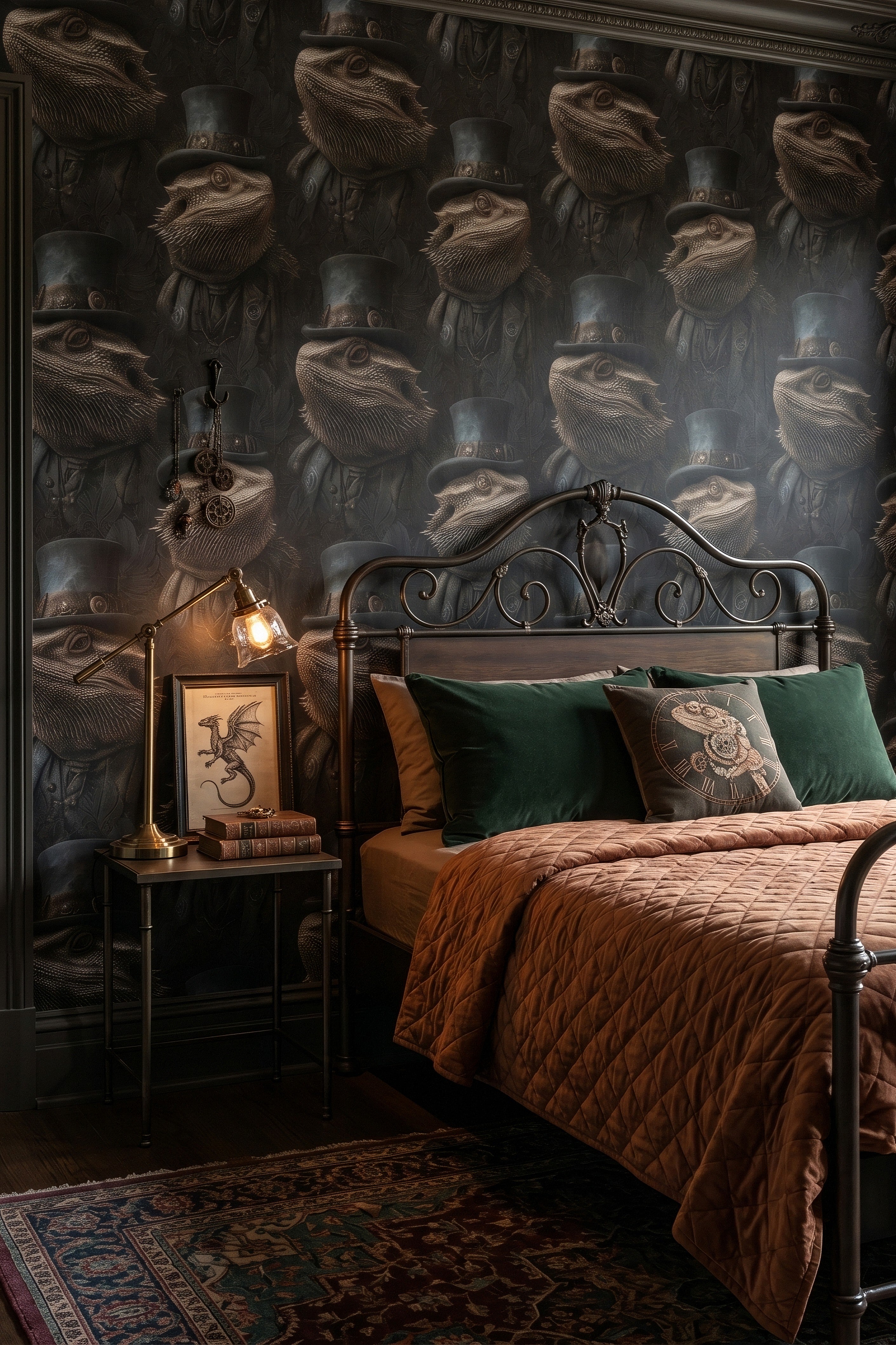 Charcoal and brown top-hatted dragons Victorian wallpaper in a bedroom.