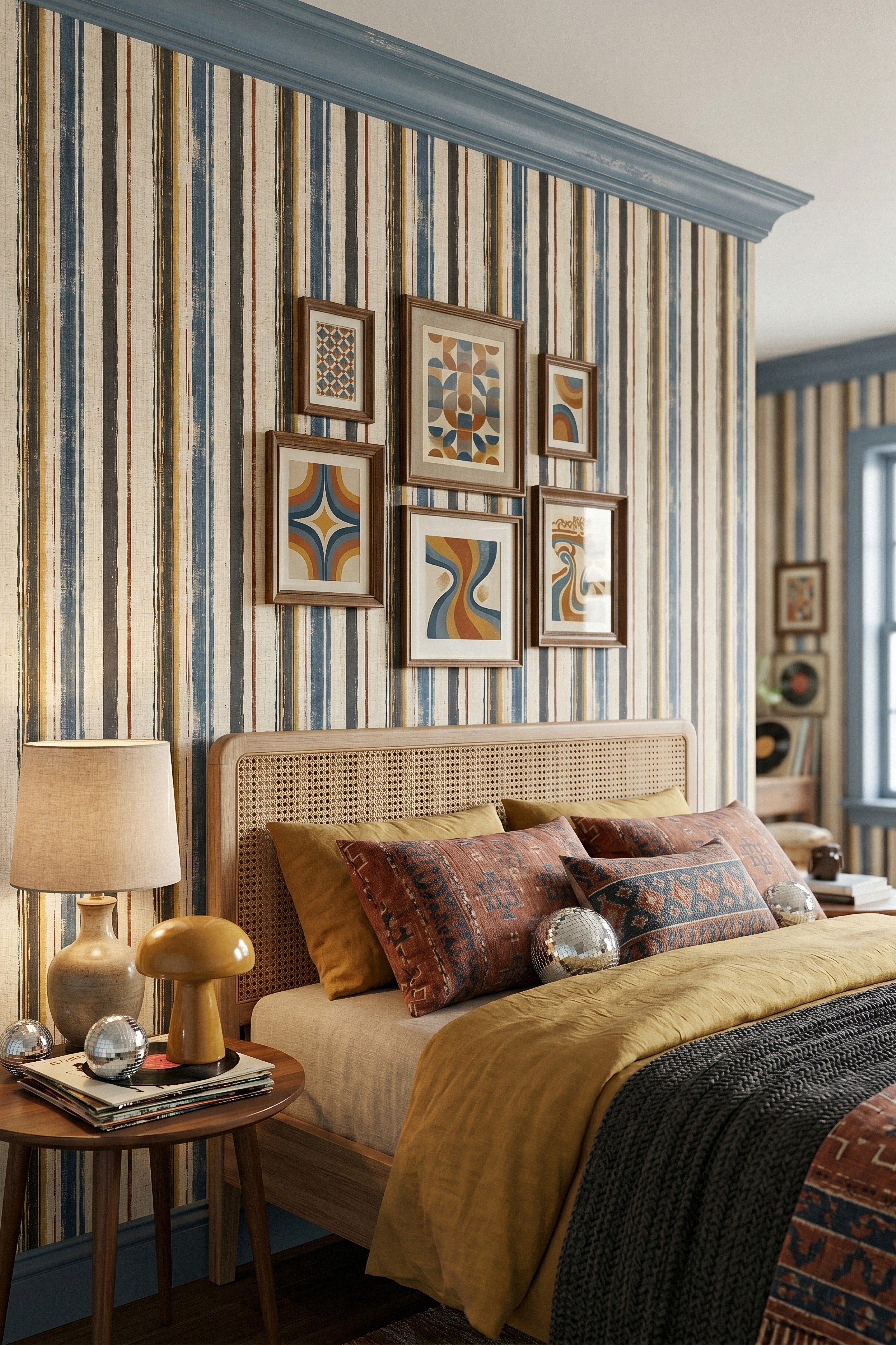 Dusty blue and rust block-print stripe wallpaper in a bedroom.