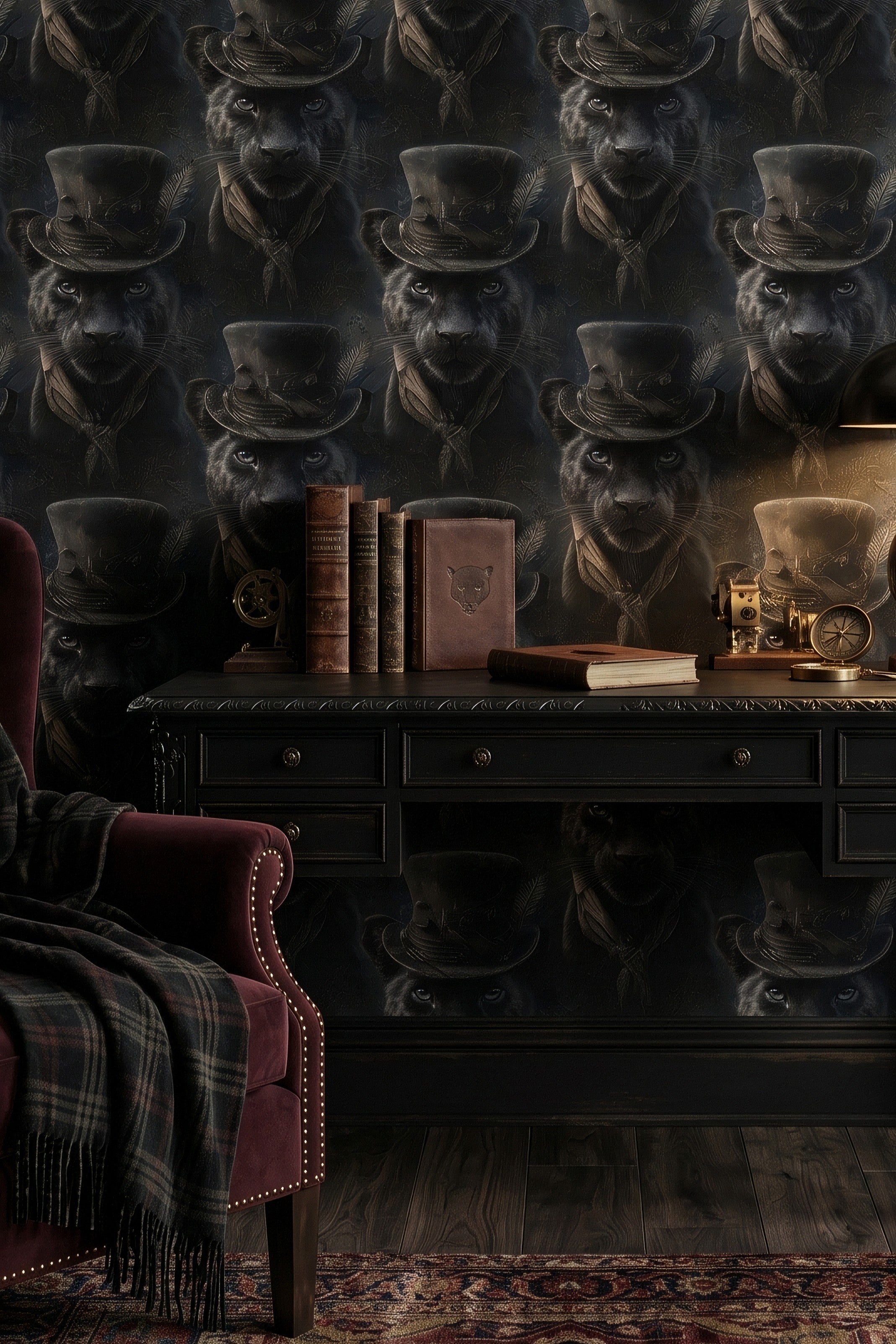 Black and gold panthers among dark florals wallpaper in a home office.