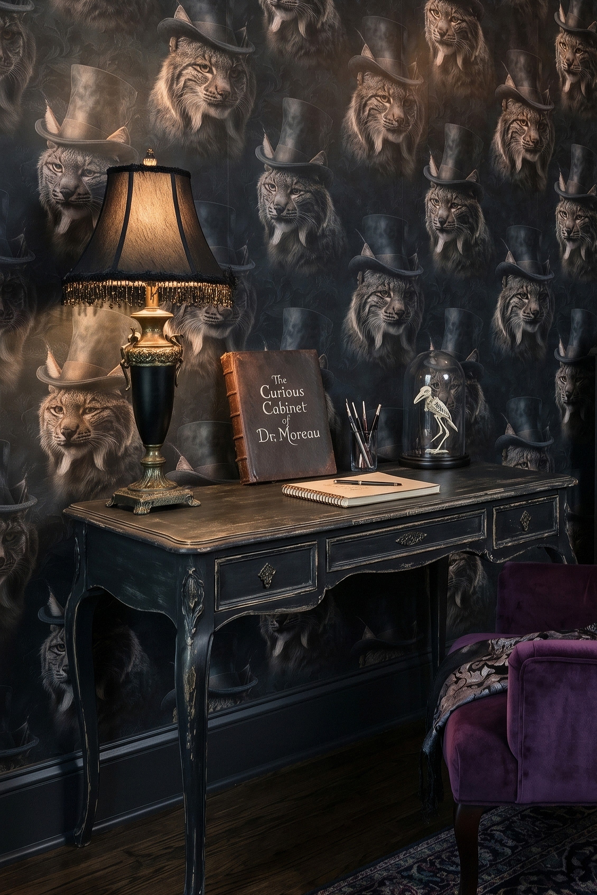 Slate and charcoal top-hatted bobcats Victorian wallpaper in a home office.