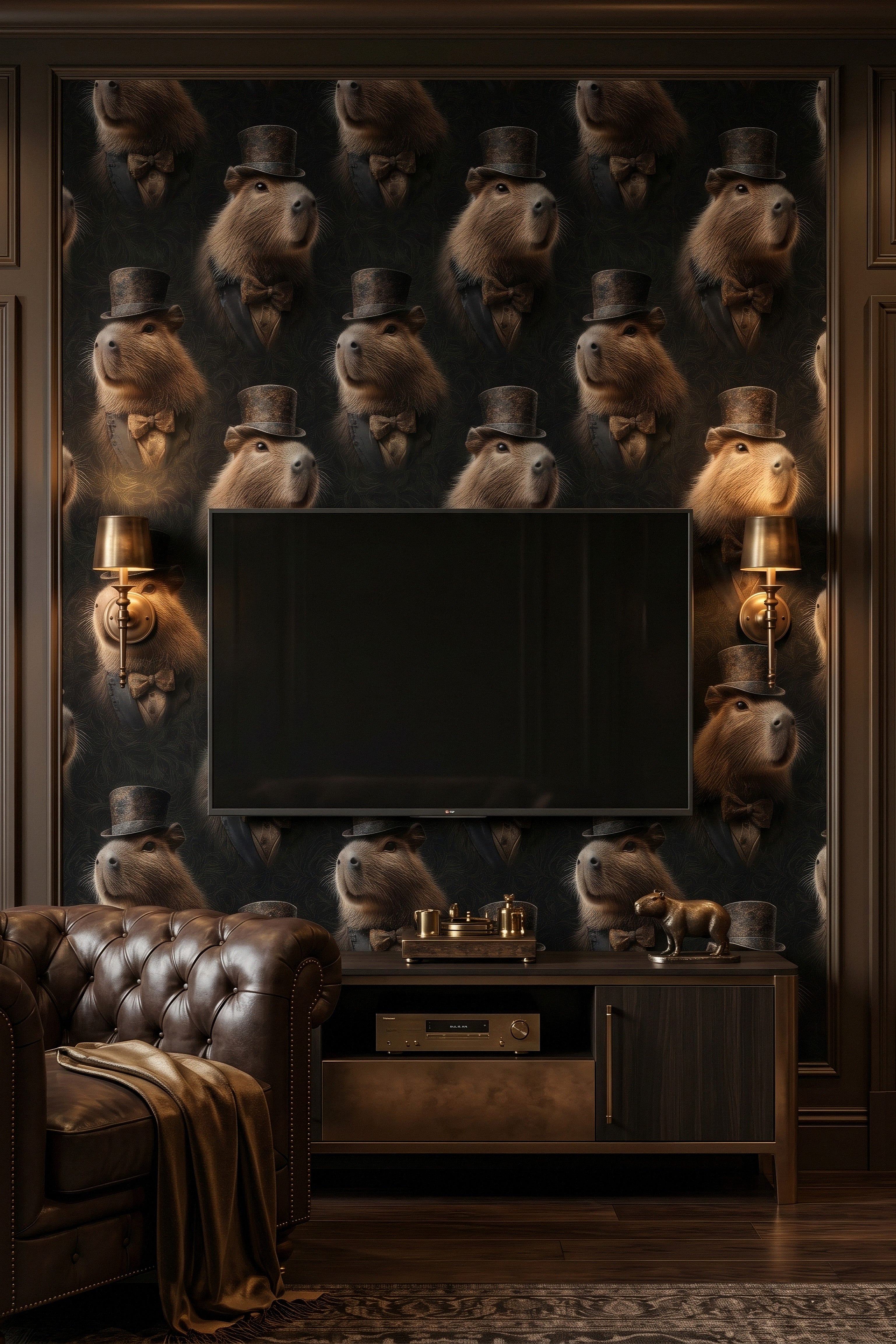 Gold and black capybaras in top hats wallpaper in a media room.