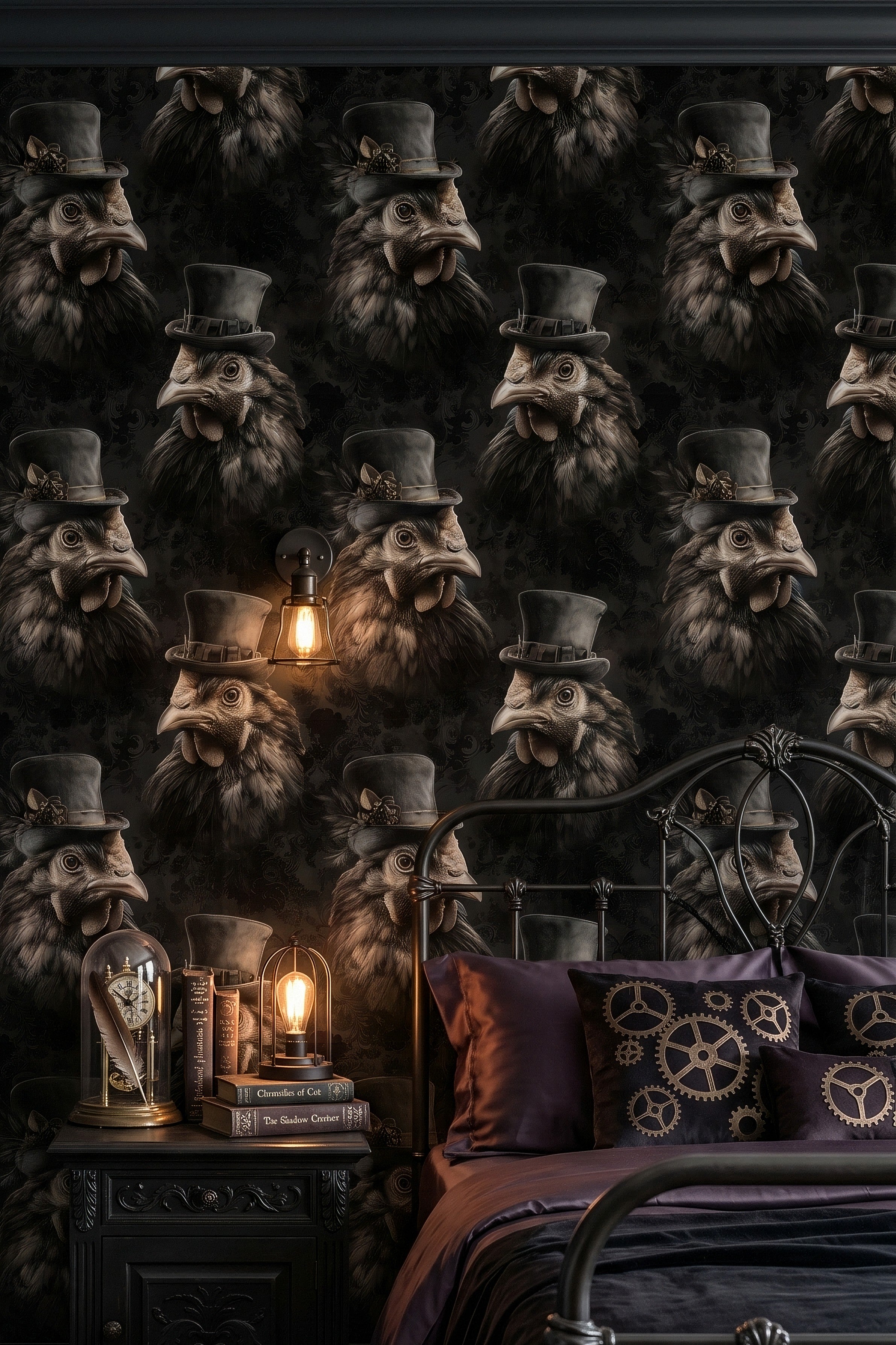 Black and brown gothic hens among dark botanicals wallpaper in a bedroom.
