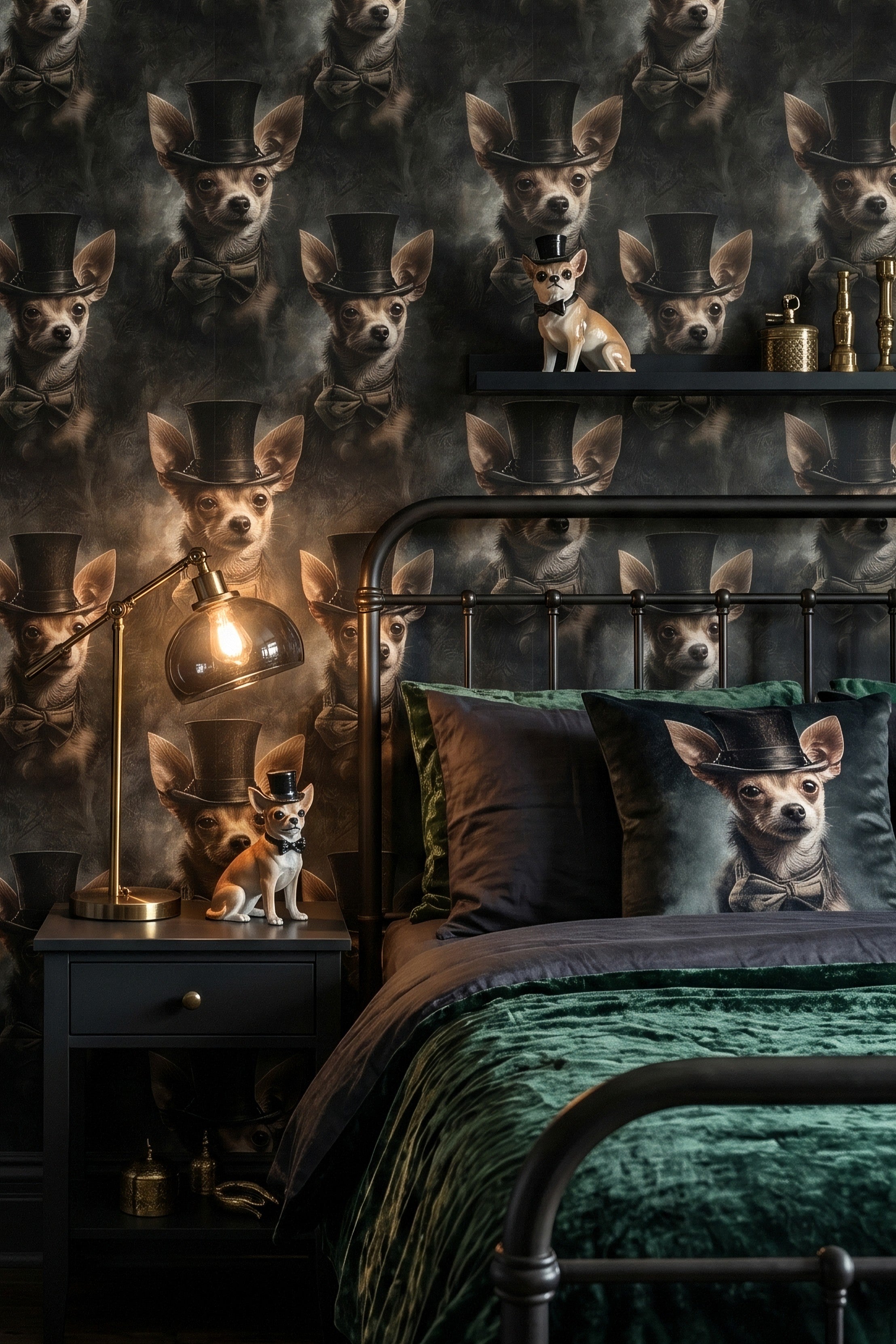 Charcoal and brown Victorian chihuahua portrait wallpaper in a bedroom.