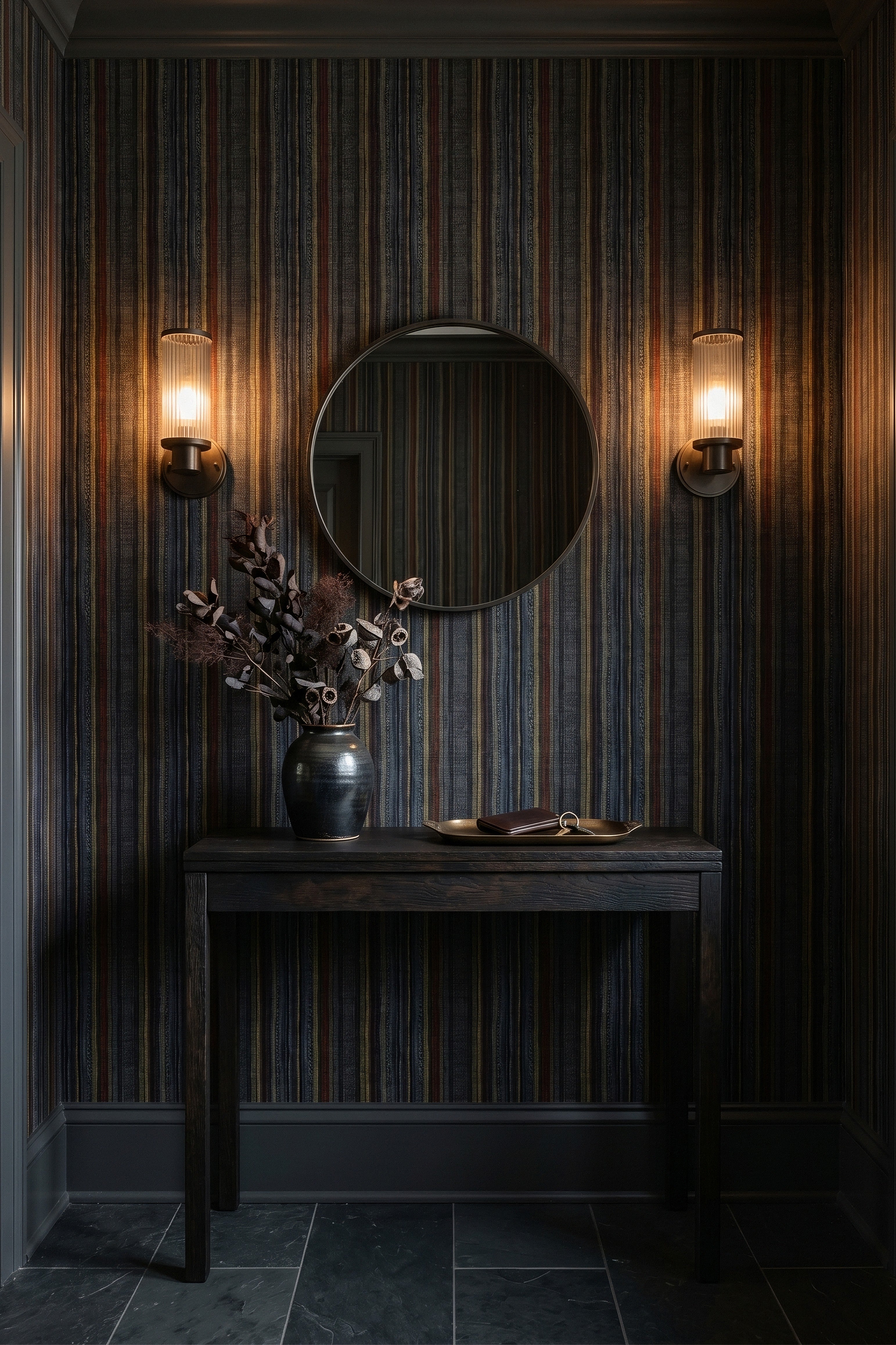 Navy, burgundy, and olive herringbone stripe wallpaper in an entryway.