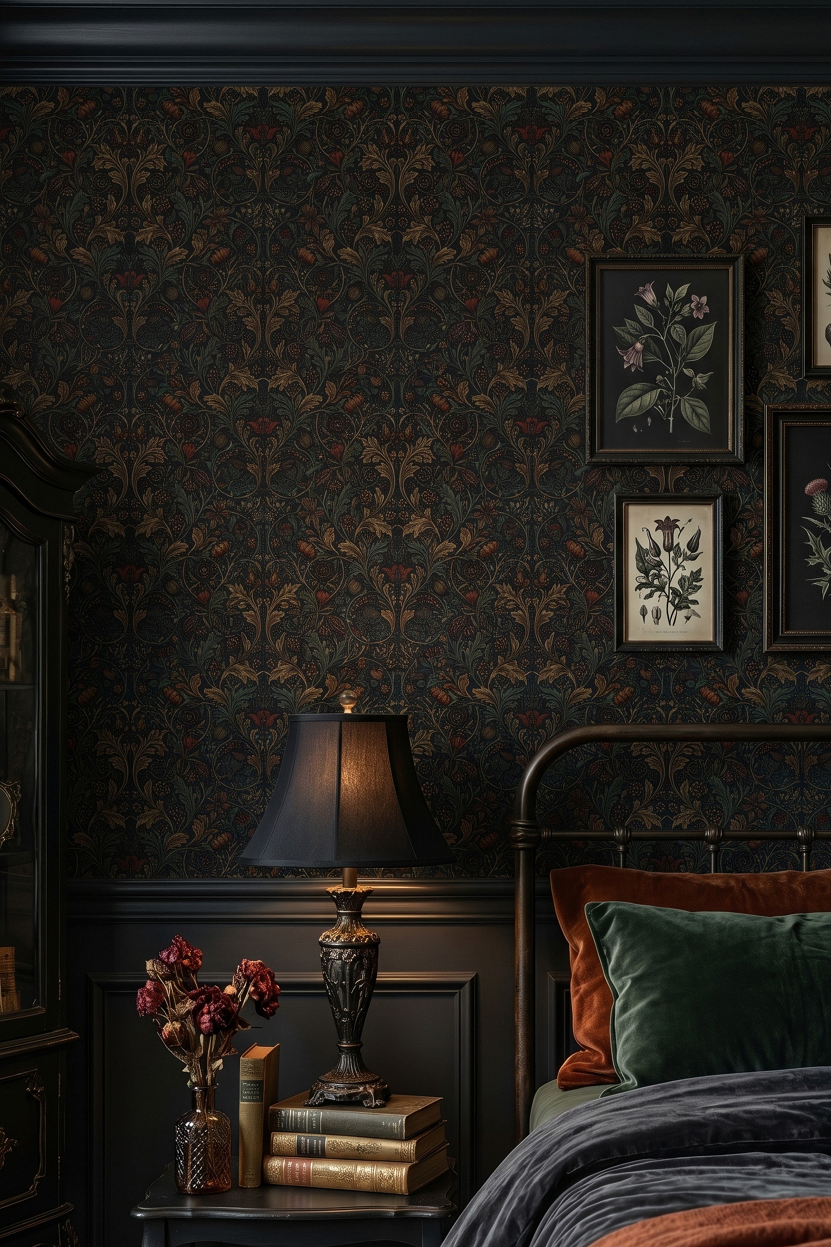 Burgundy and gold Morris vine and floral wallpaper in a bedroom.