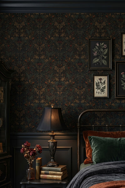 Burgundy and gold Morris vine and floral wallpaper in a bedroom.
