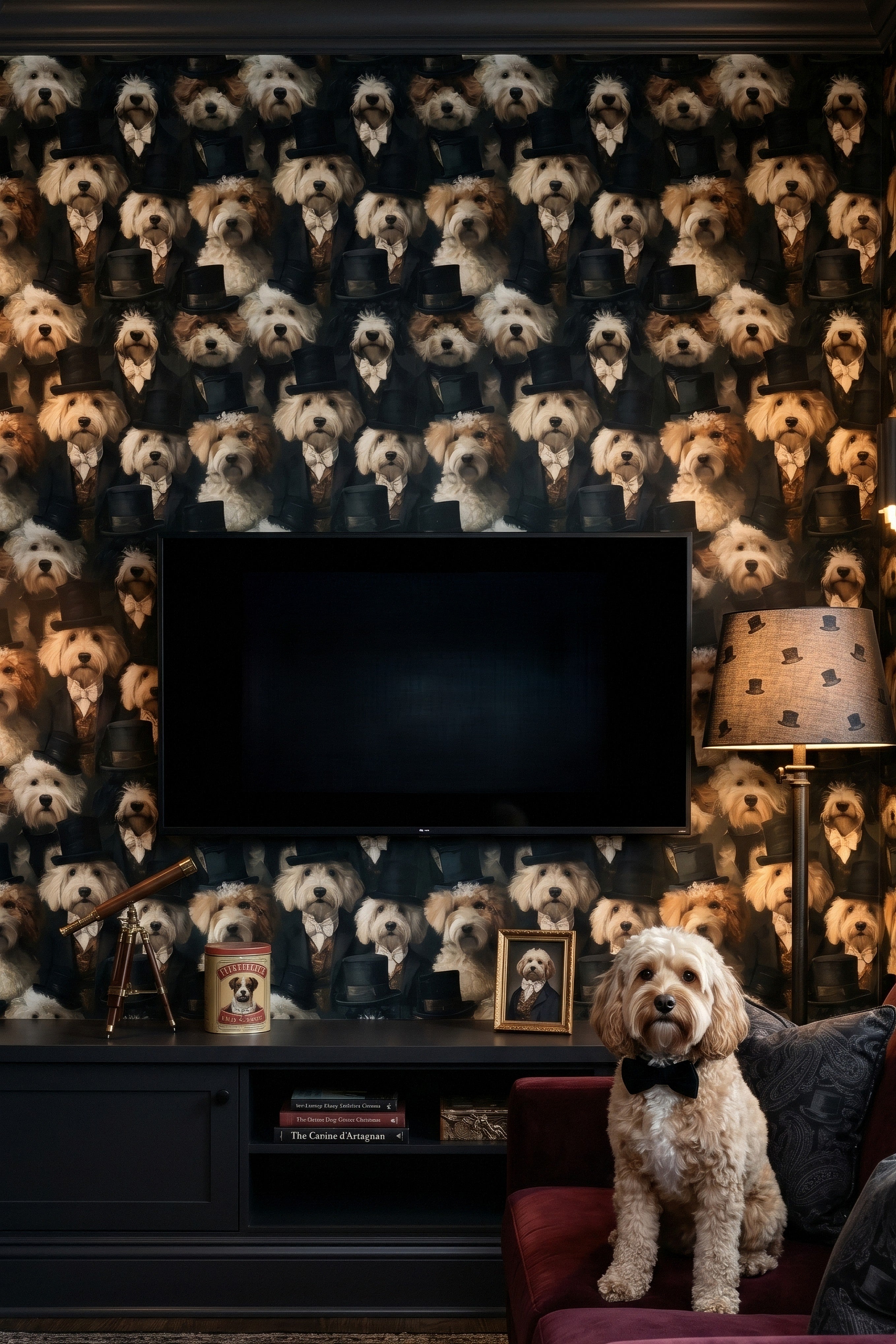 Black and cream top-hatted dog portrait wallpaper in a media room.