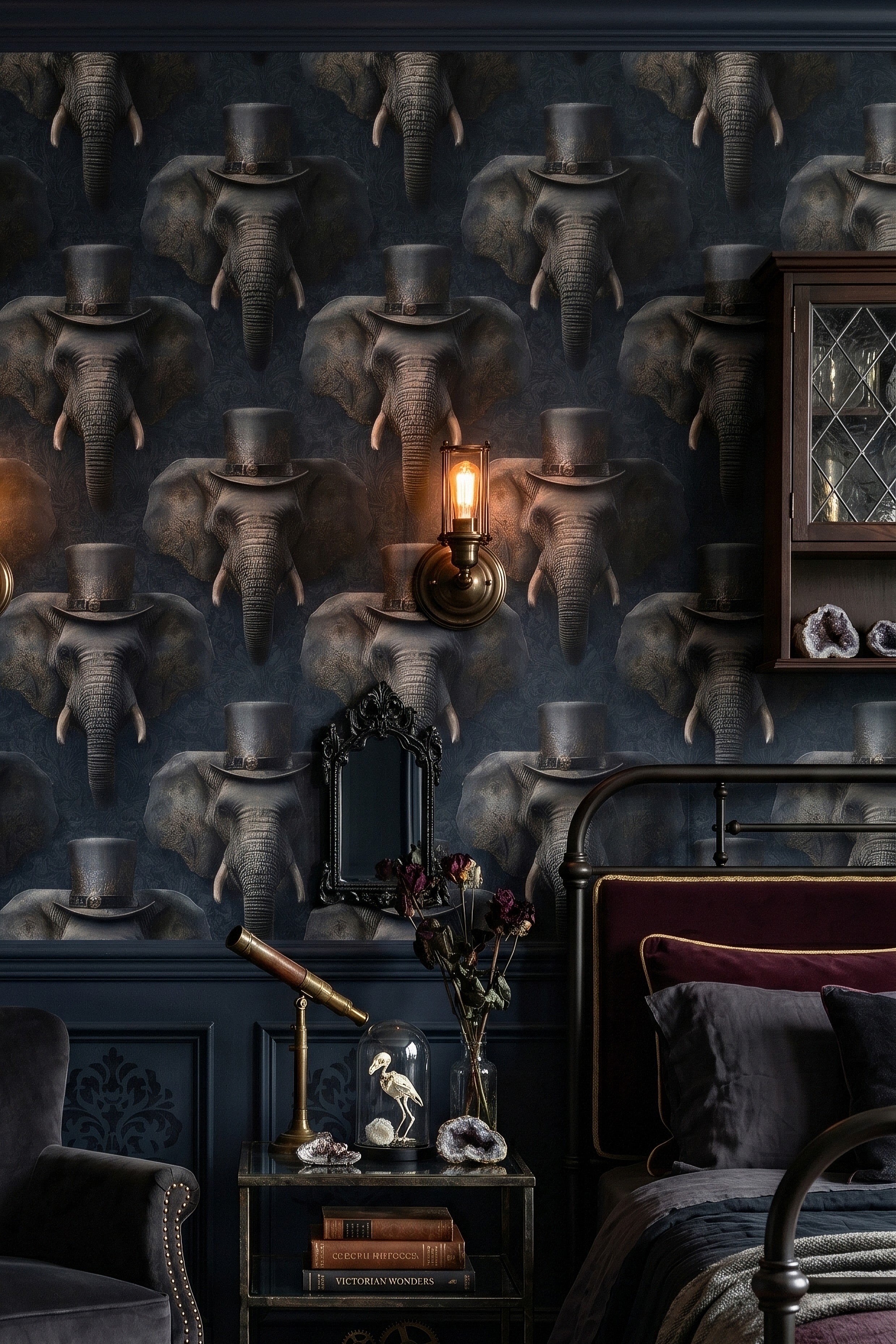 Charcoal and gold elephants in Victorian dress wallpaper in a bedroom.
