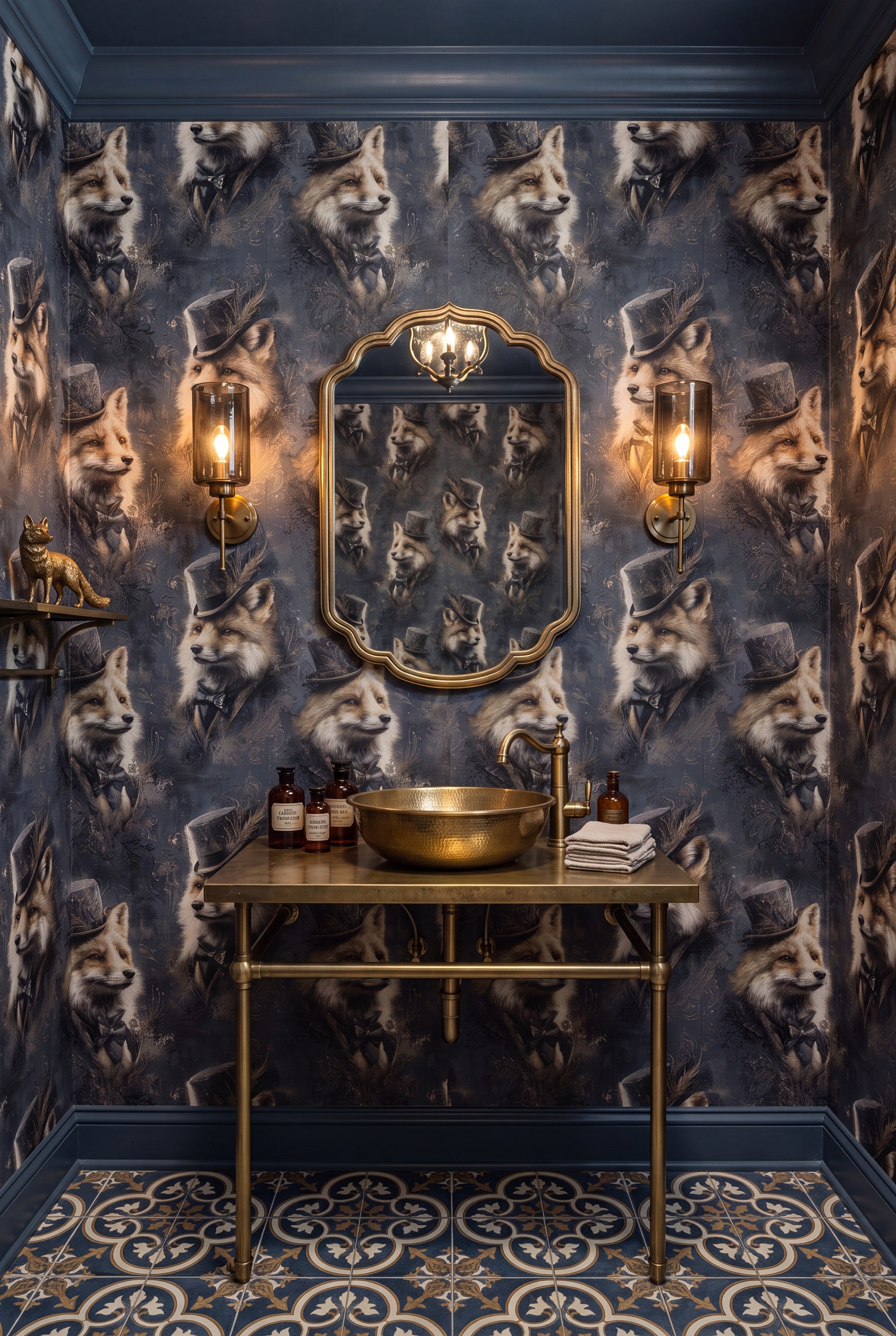 Charcoal and gold fox botanical wallpaper in a powder room.