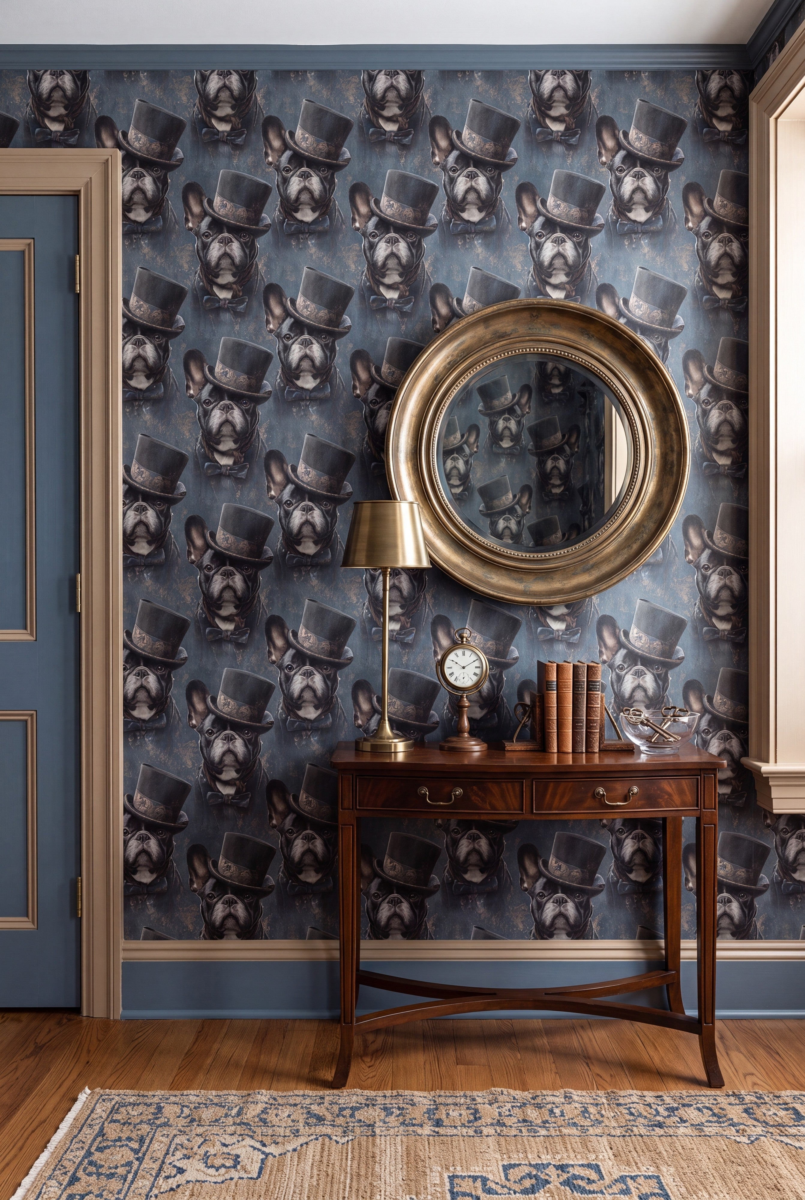 Charcoal and gold French Bulldog in a top hat wallpaper in an entryway.