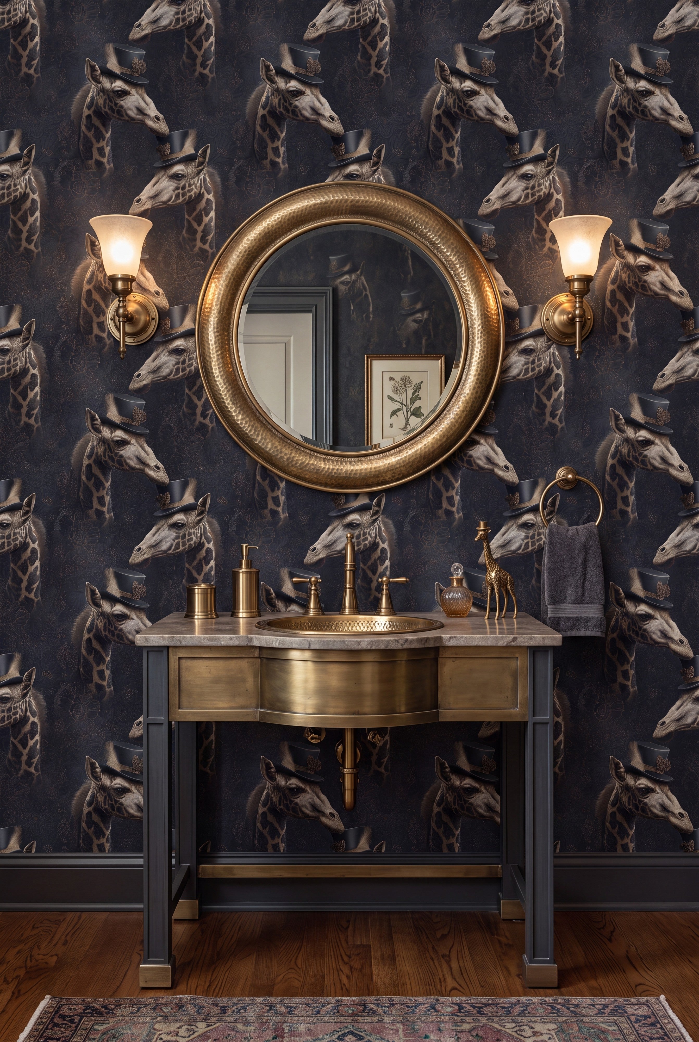 Giraffe in a navy top hat wallpaper in a powder room.