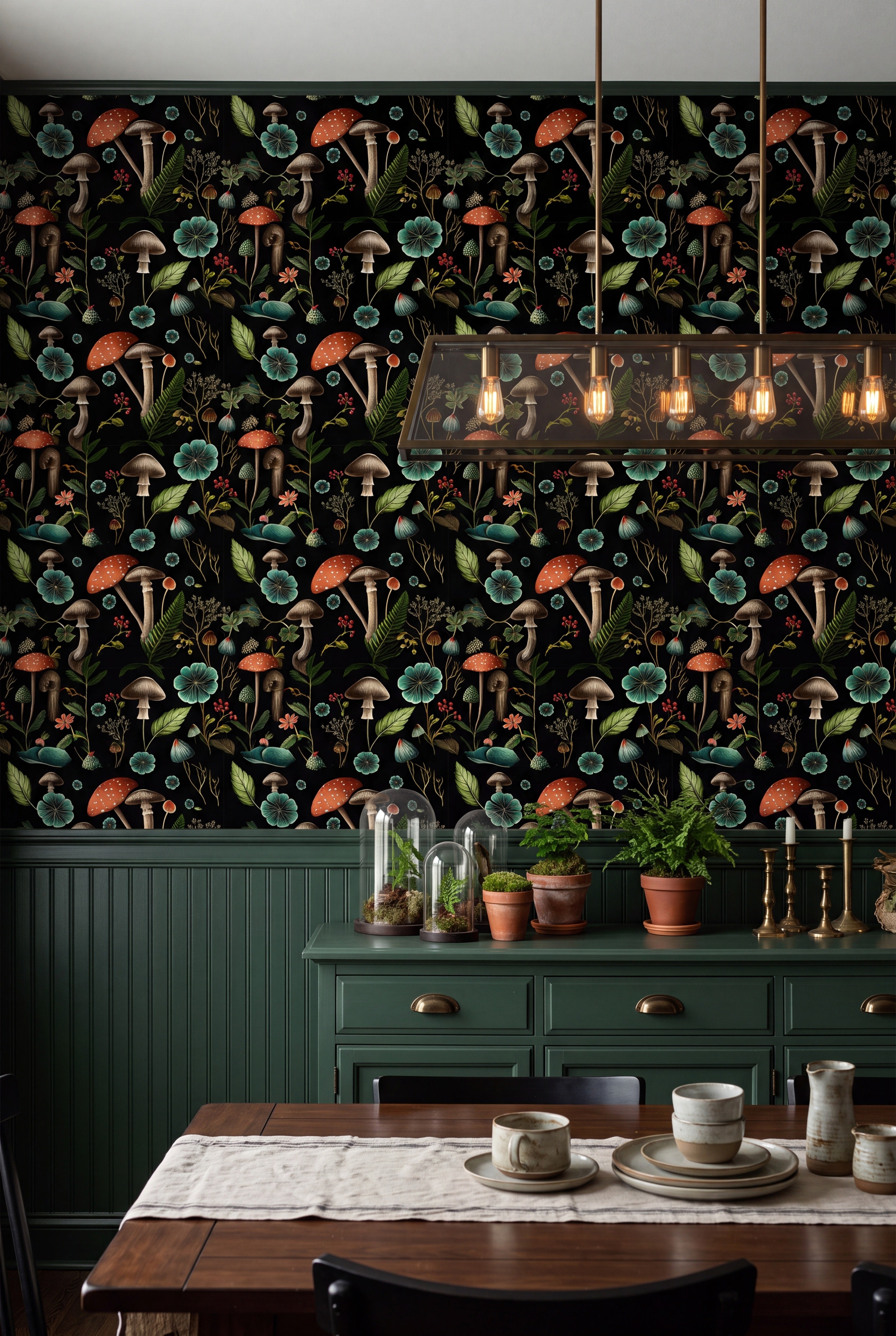 Storybook mushrooms in dark green undergrowth on a woodland wallpaper in a dining room.