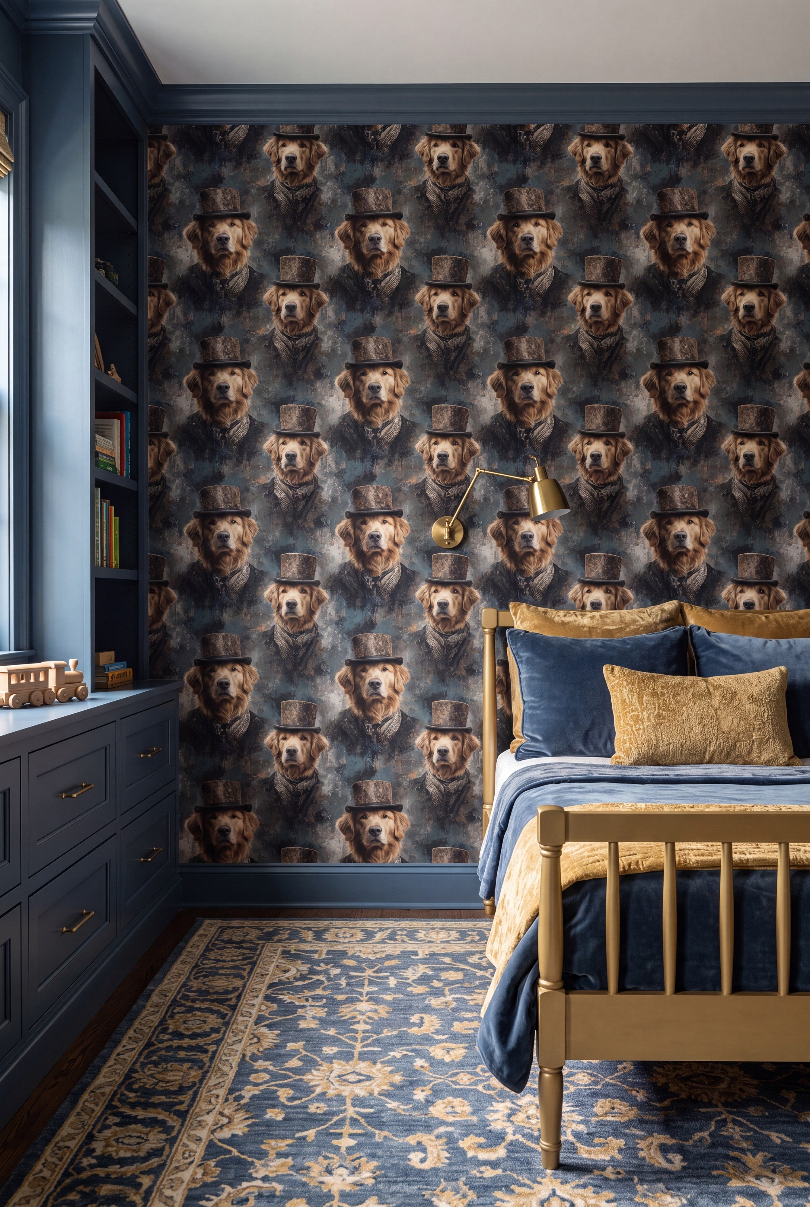 Golden Retriever in a top hat wallpaper in a kids room.